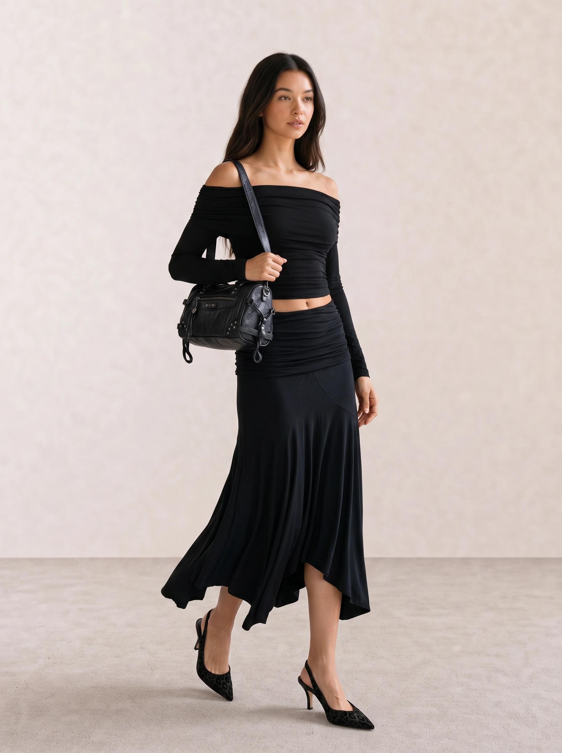 Off-Shoulder Ruched Top & Asymmetric Midi Skirt