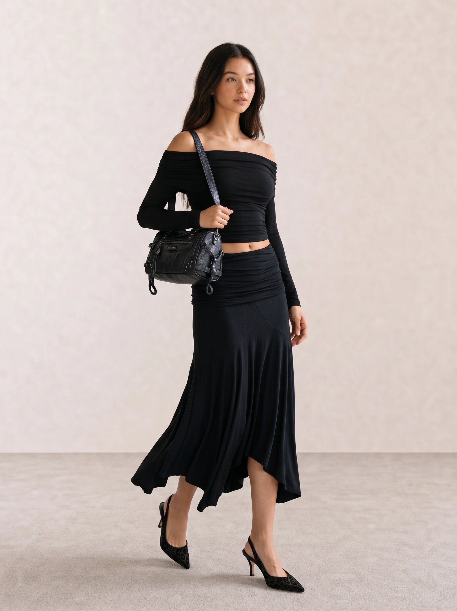 Off-Shoulder Ruched Top & Asymmetric Midi Skirt