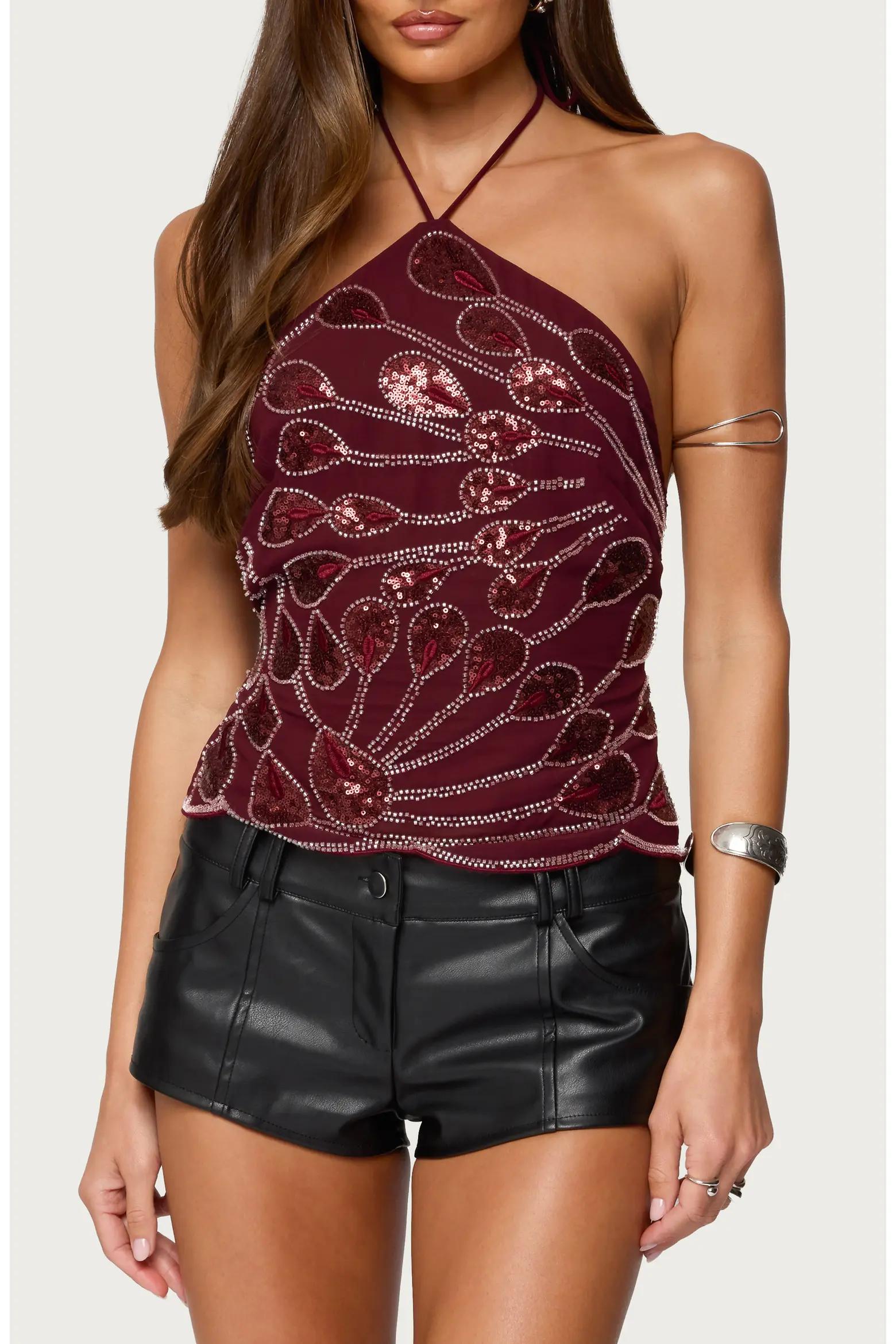 Burgundy Sequin Halter Crop Top