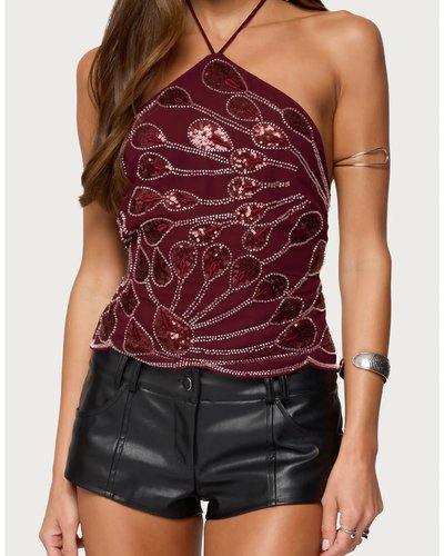 Burgundy Sequin Halter Crop Top