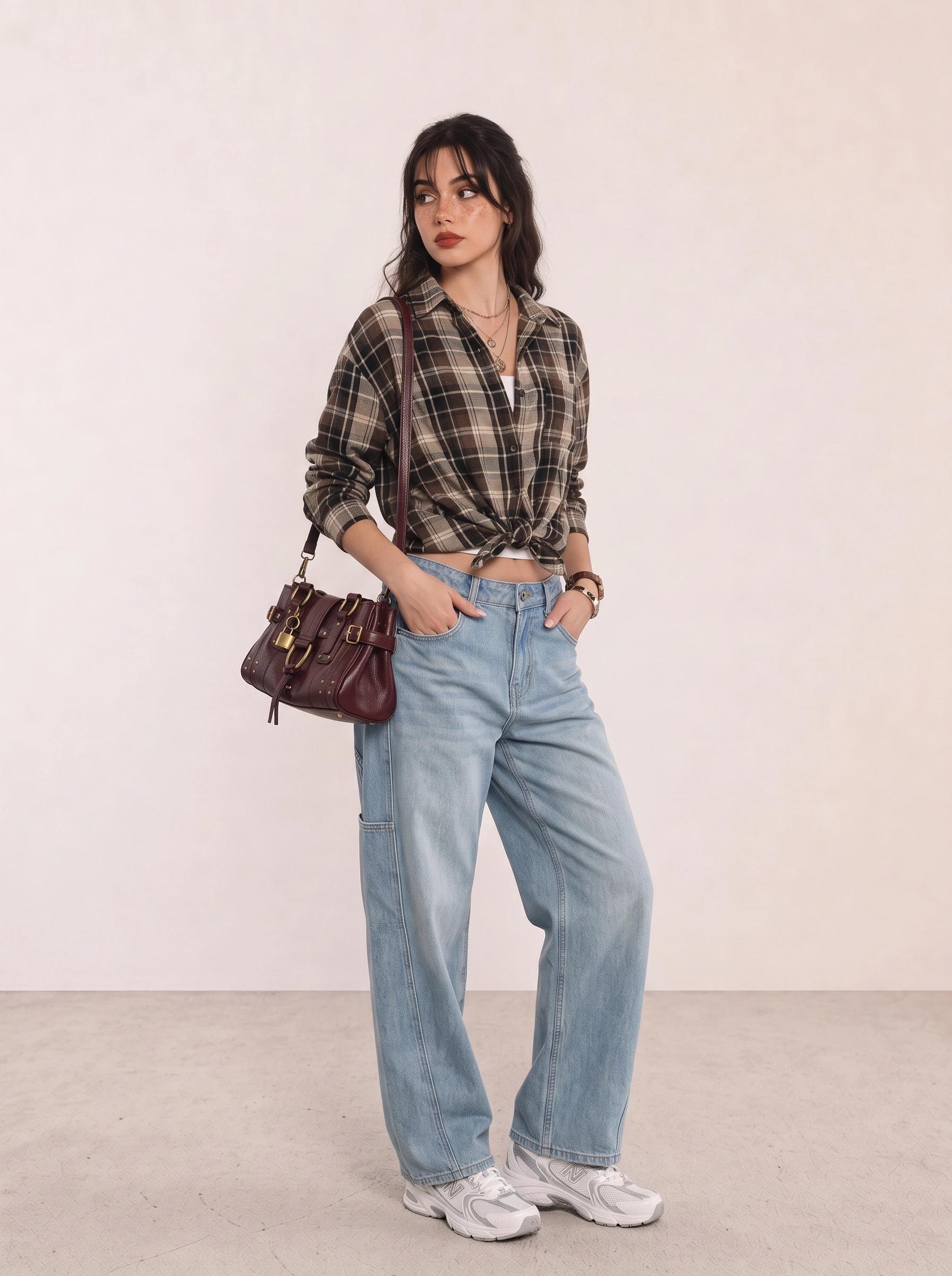 Plaid Shirt and Light-Wash Jeans Campus Outfit