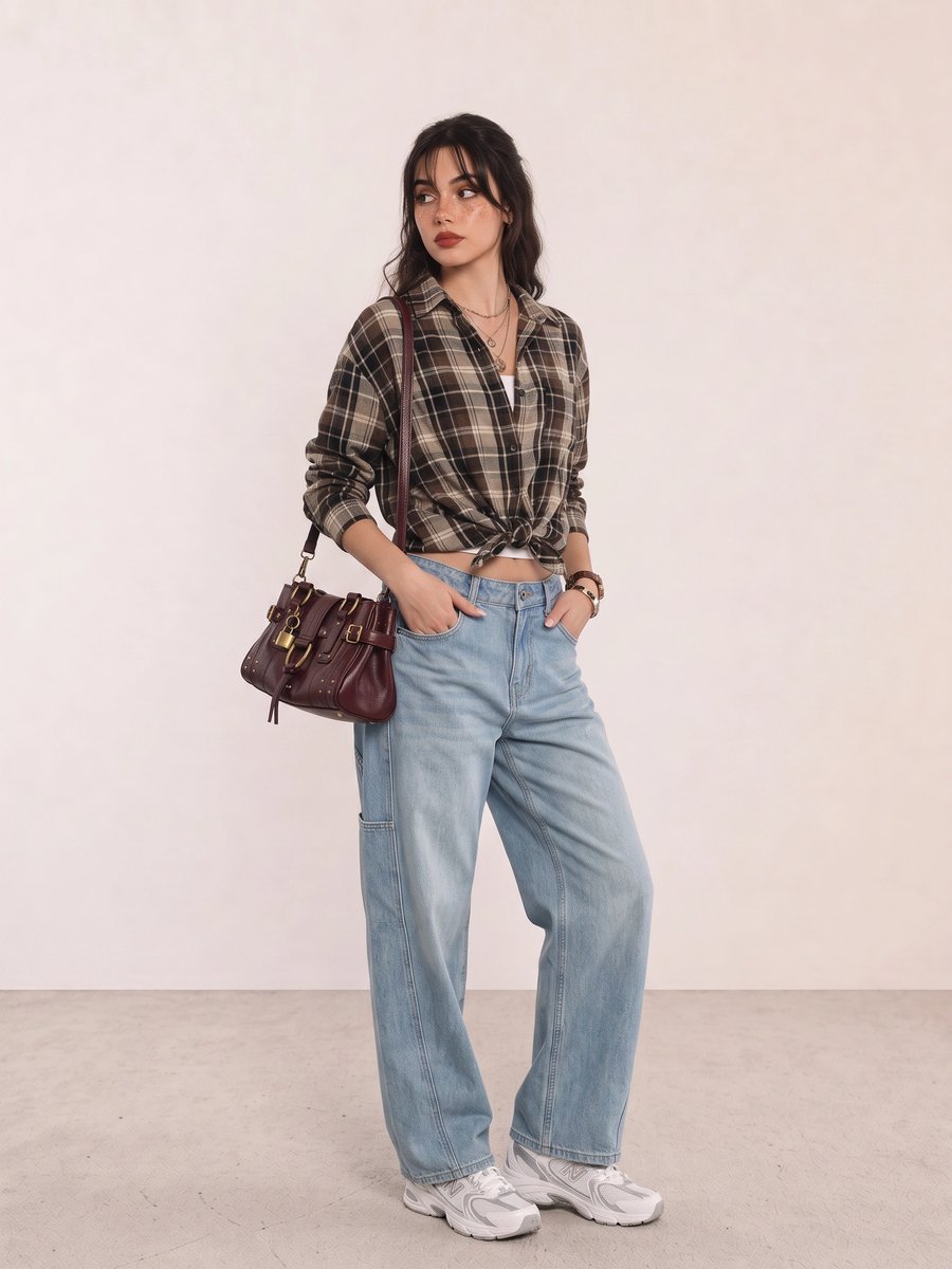Student wearing a brown plaid shirt, light-wash wide-leg jeans, white sneakers, and a burgundy bag