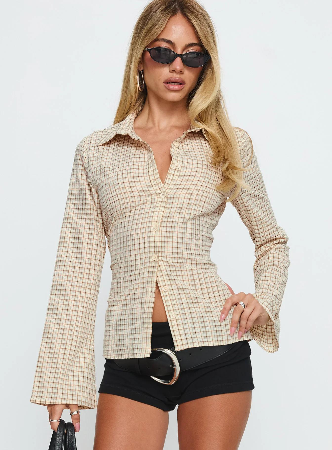 Cream Checked Long-Sleeve Shirt
