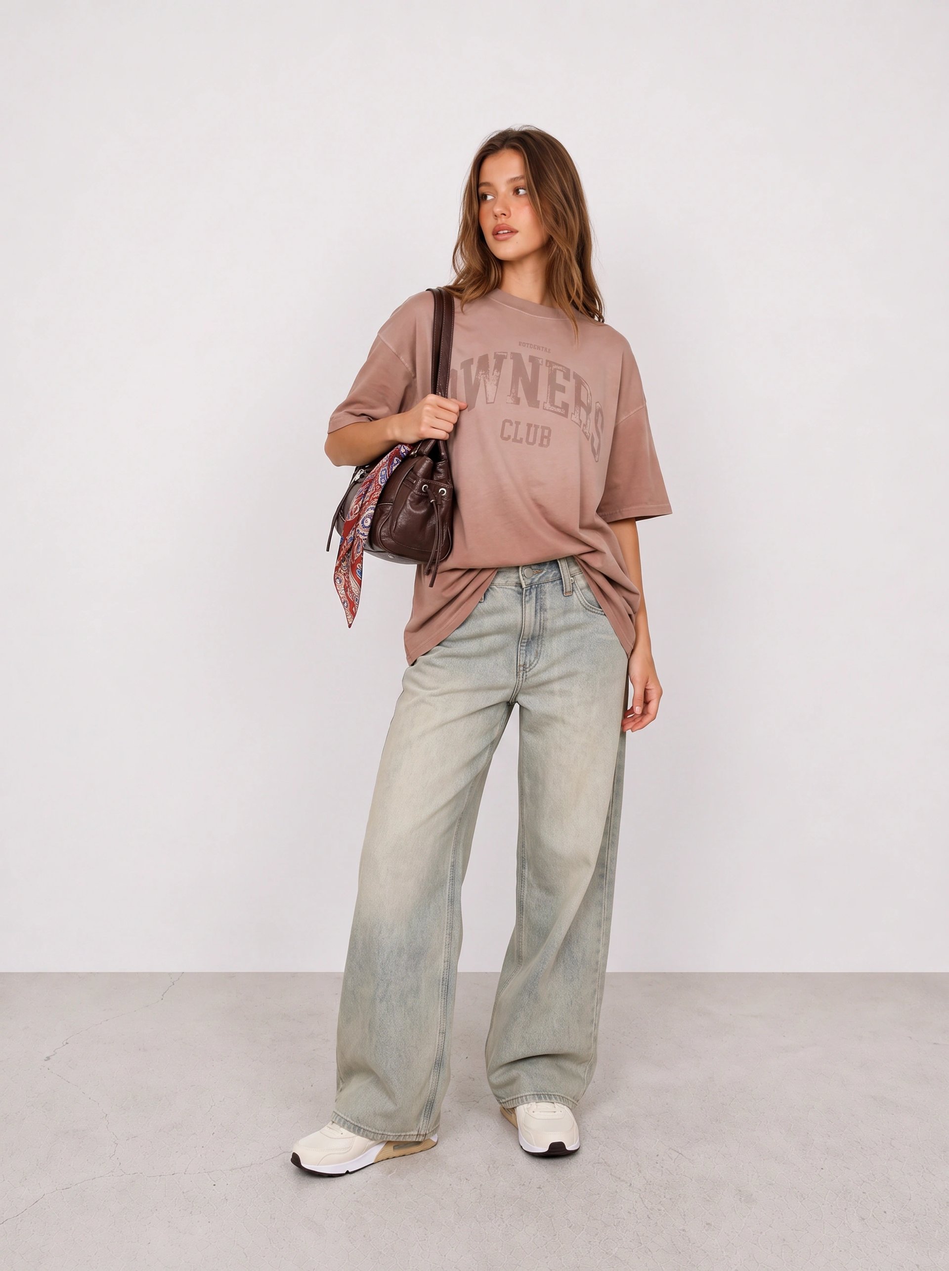 Taupe Graphic Tee and Grey Wide-Leg Jeans Outfit