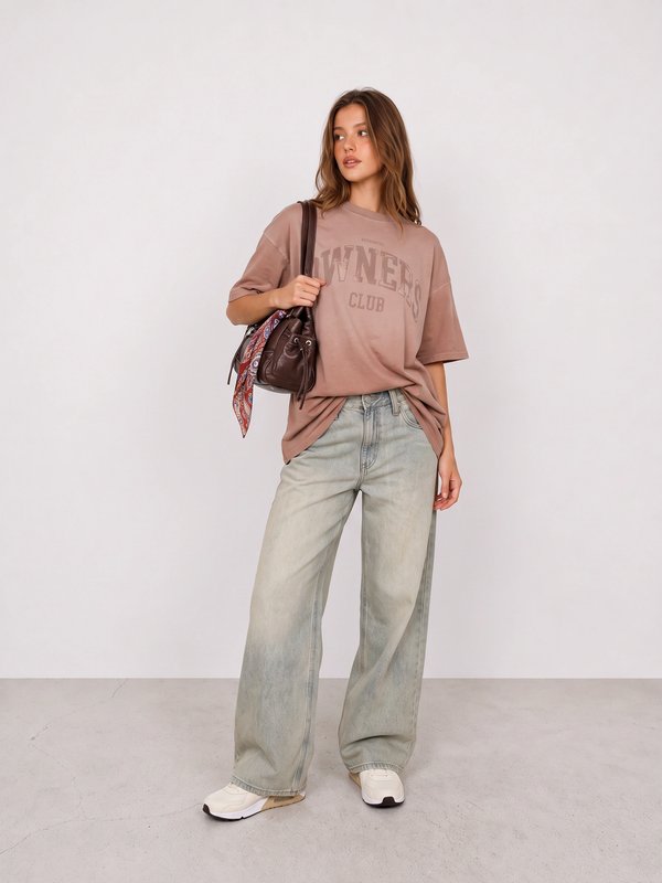 Taupe Graphic Tee and Grey Wide-Leg Jeans Outfit