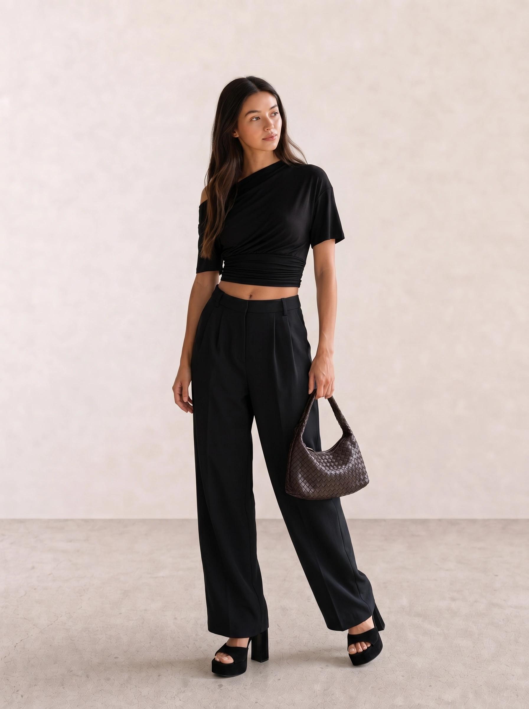 Asymmetric Ruched Top & Wide-Leg Trousers