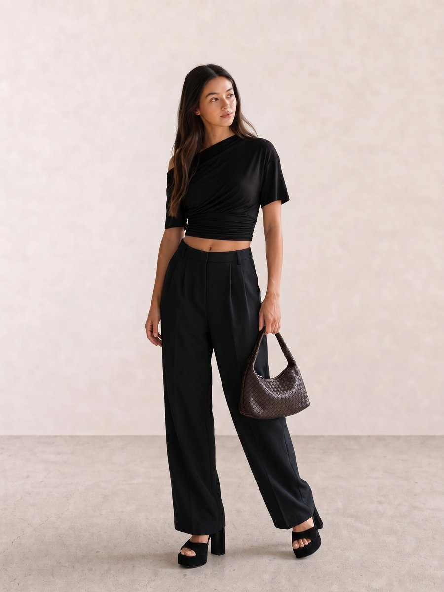 Black evening outfit with an asymmetric ruched top, wide-leg trousers, woven brown bag, and platform heels