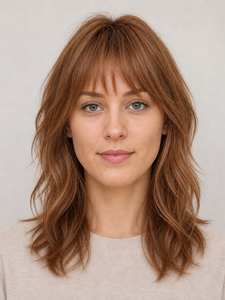 Front view of curtain bangs with shag layers styled for a rectangle face shape