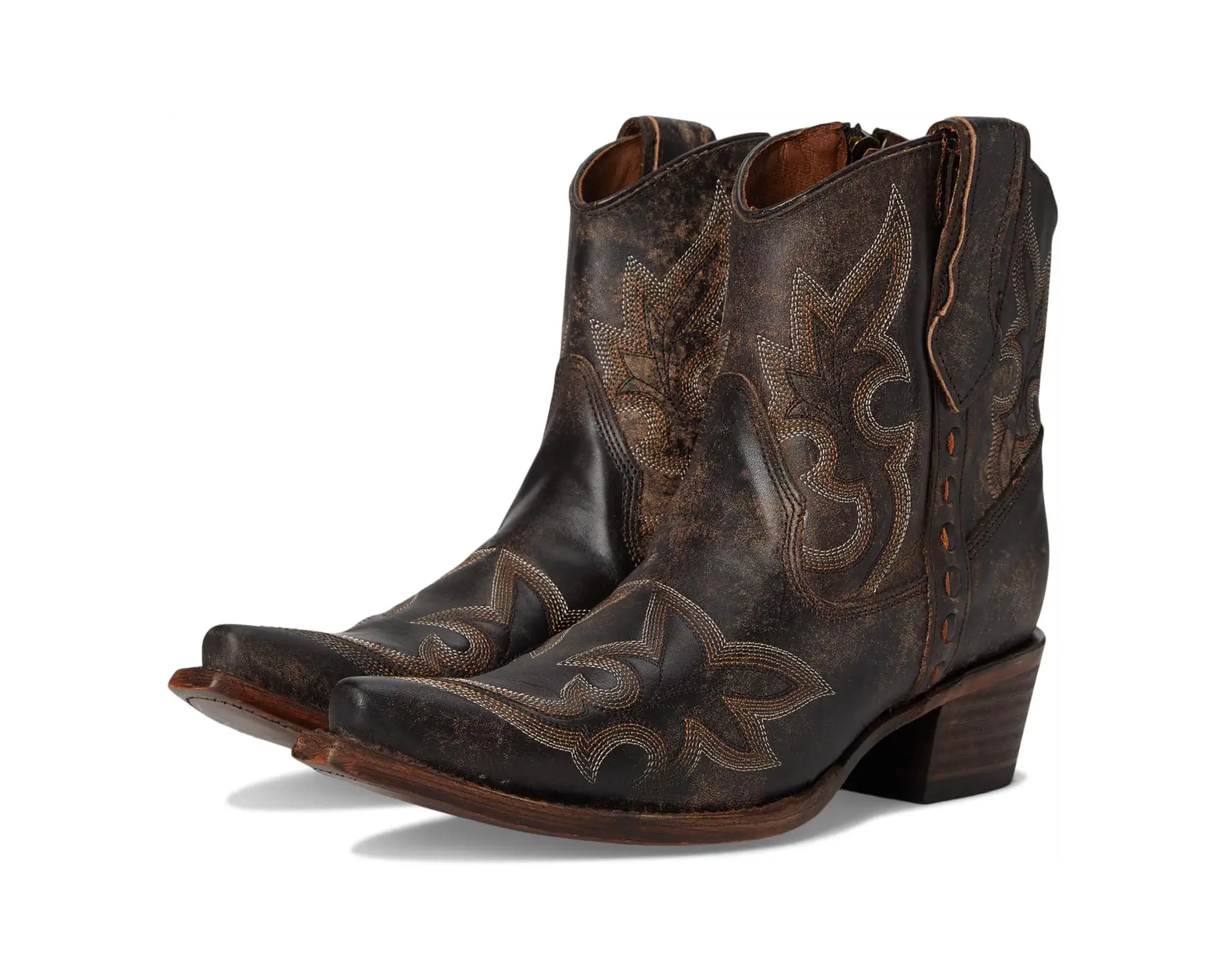 Dark Brown Embroidered Western Ankle Boots