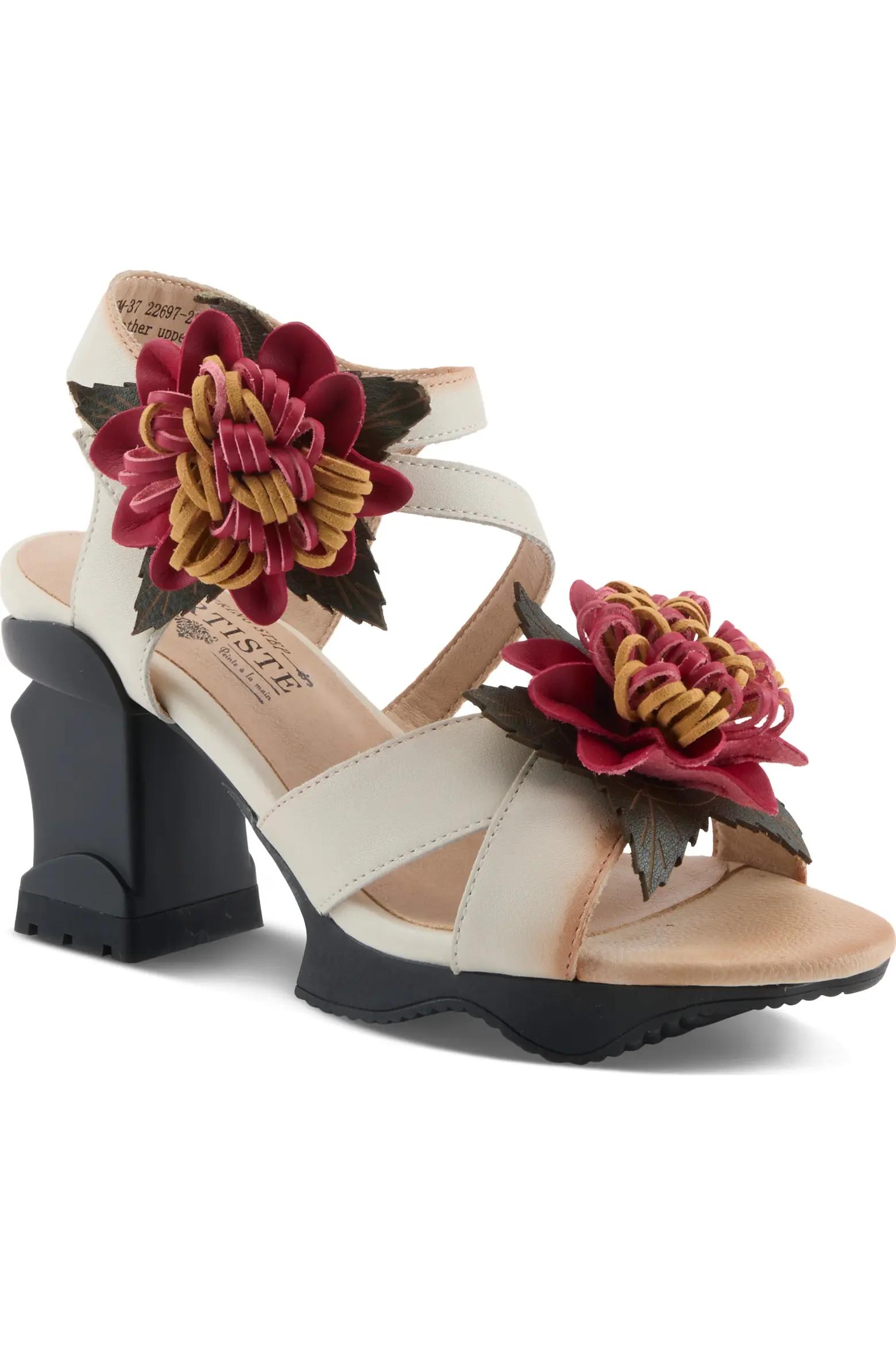 Cream Floral Block Heel Sandals