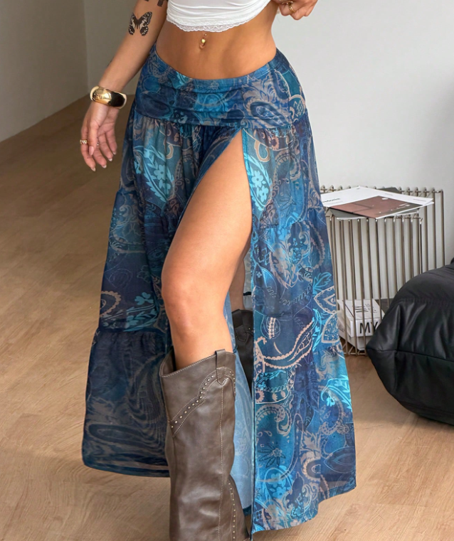 Blue Paisley Slit Maxi Skirt