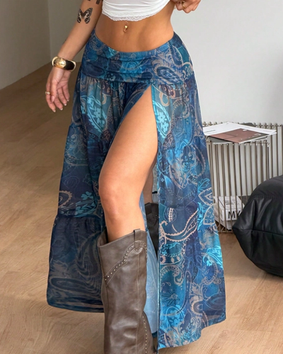 Blue Paisley Slit Maxi Skirt