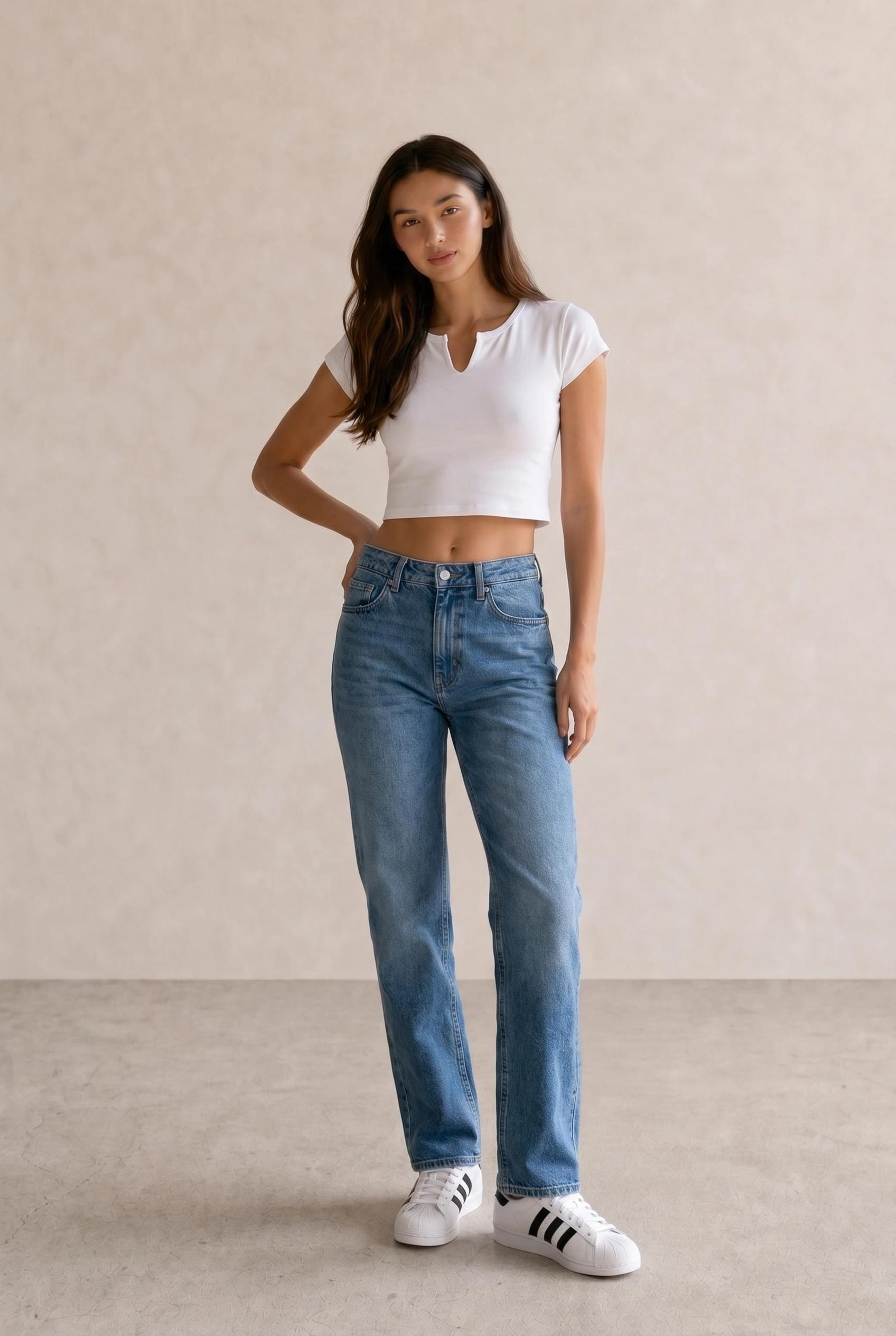 White Notch-Neck Crop Tee & Blue Straight Jeans