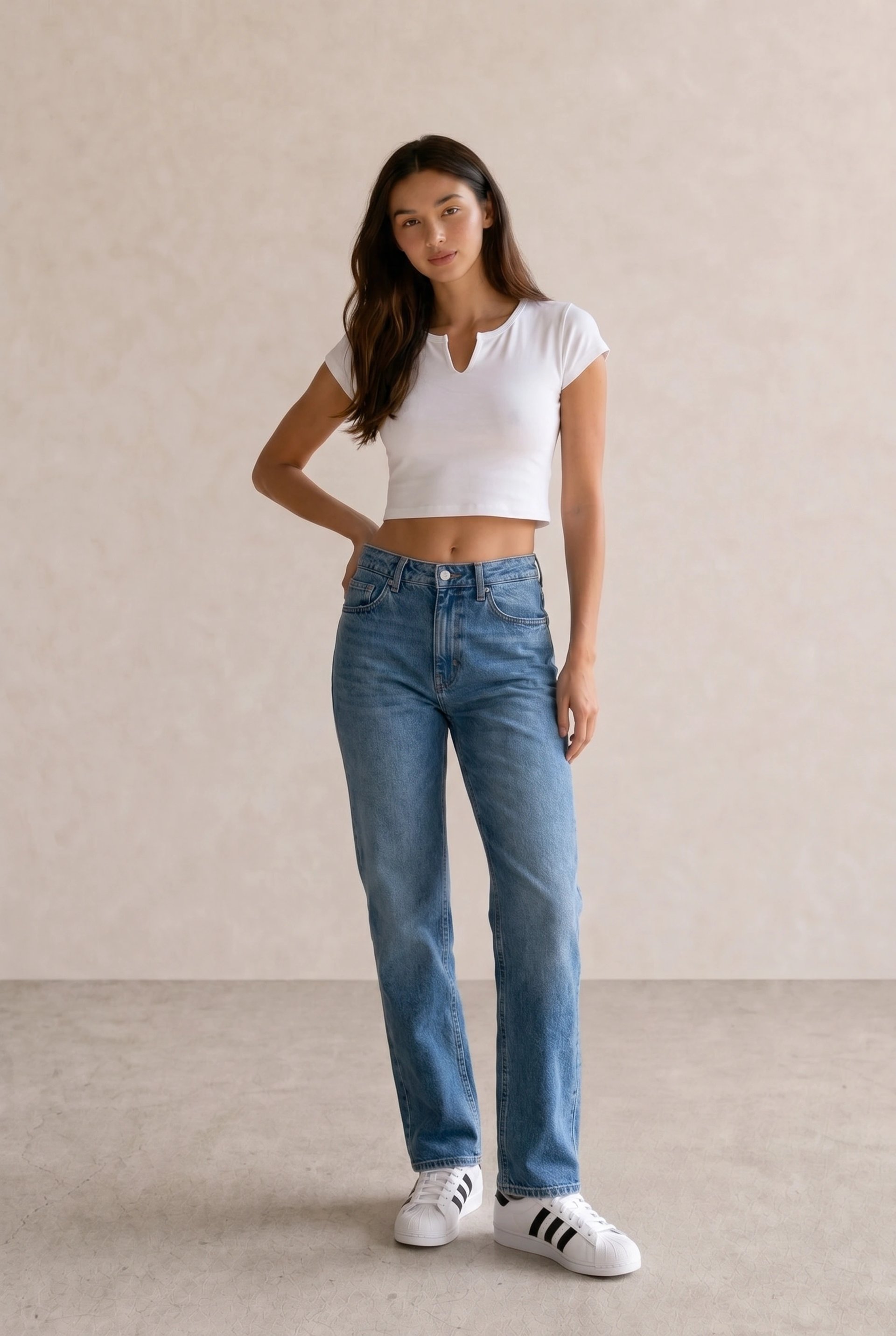 White Notch-Neck Crop Tee & Blue Straight Jeans