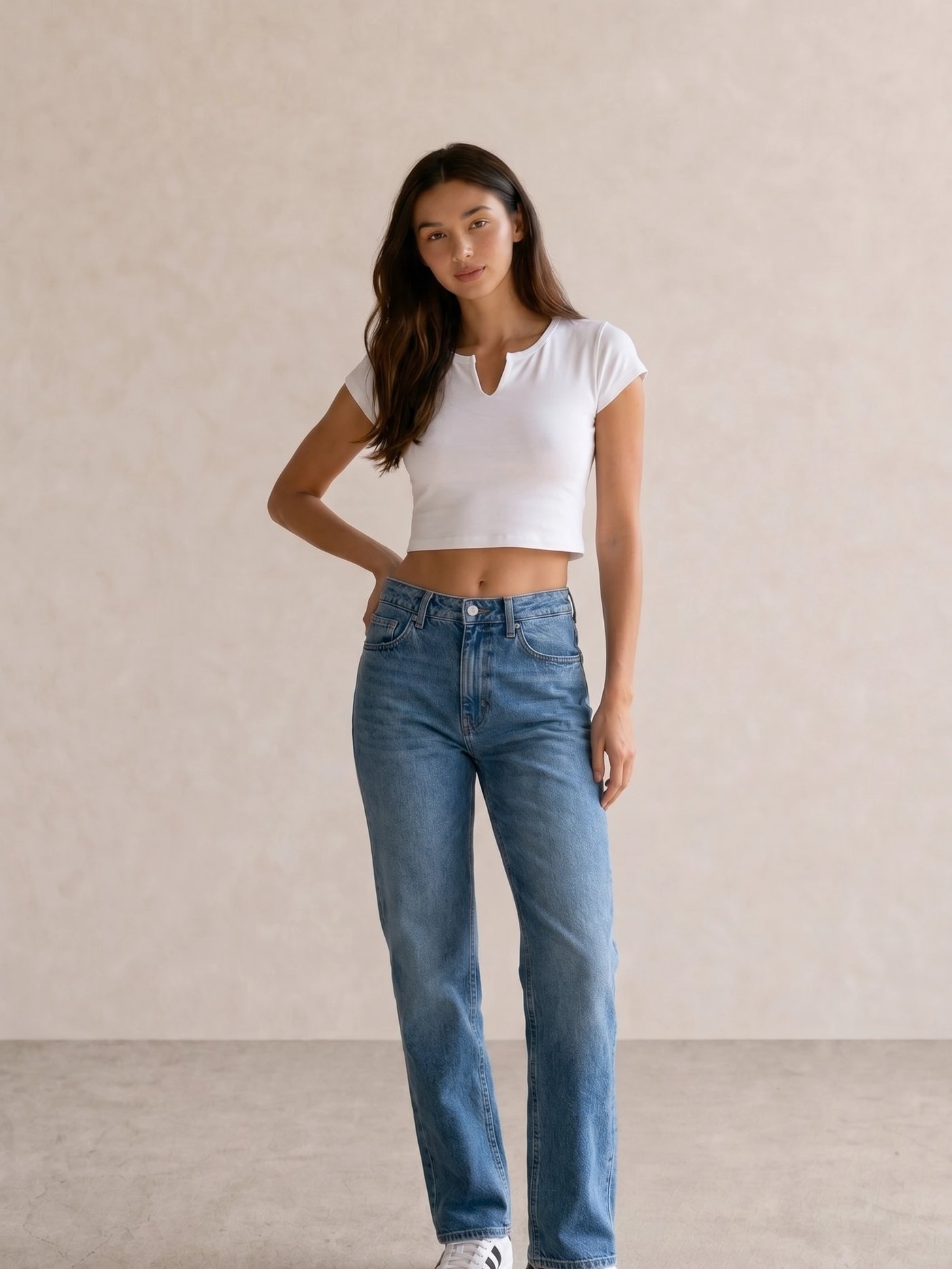 White Notch-Neck Crop Tee & Blue Straight Jeans
