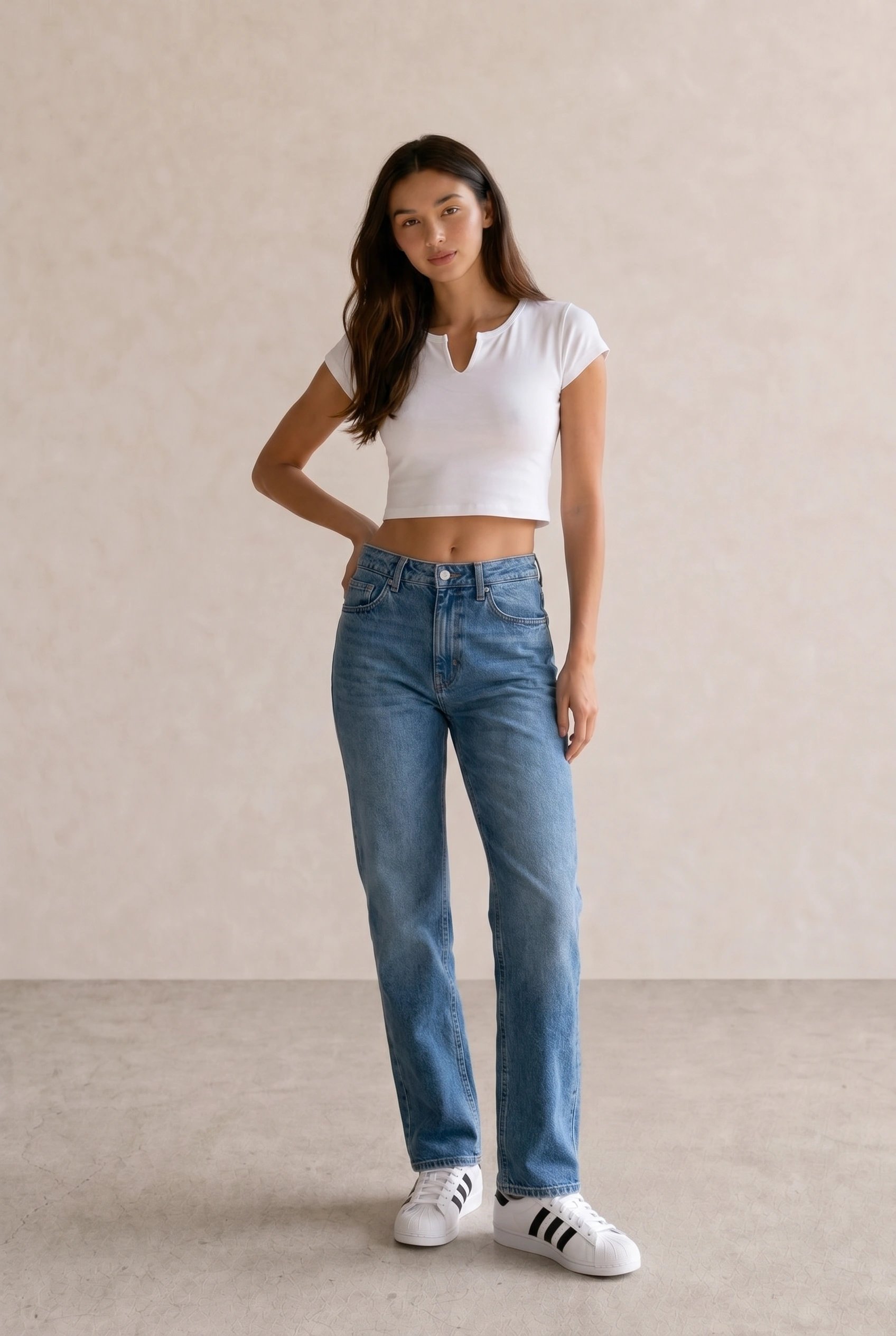 White Notch-Neck Crop Tee & Blue Straight Jeans