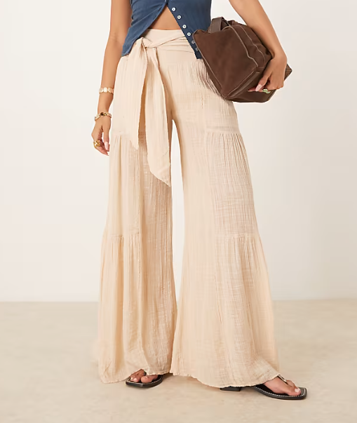 Cream Tiered Wide-Leg Pants