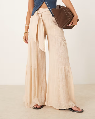 Cream Tiered Wide-Leg Pants
