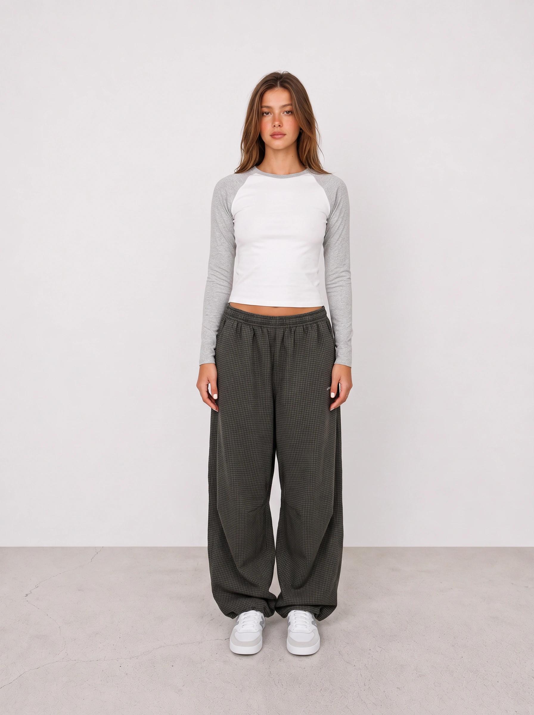 Raglan Top and Charcoal Wide-Leg Pants Outfit