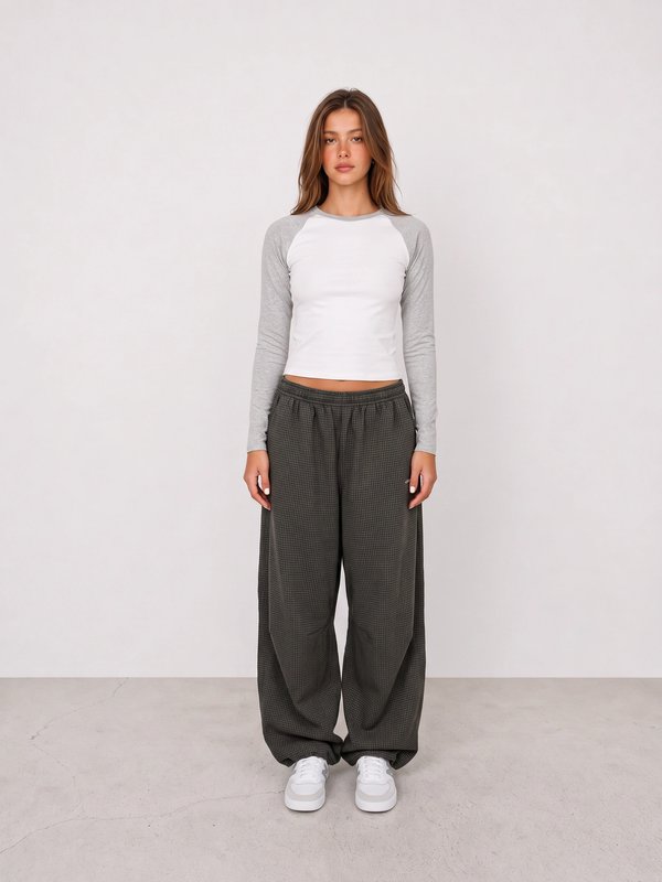 Raglan Top and Charcoal Wide-Leg Pants Outfit