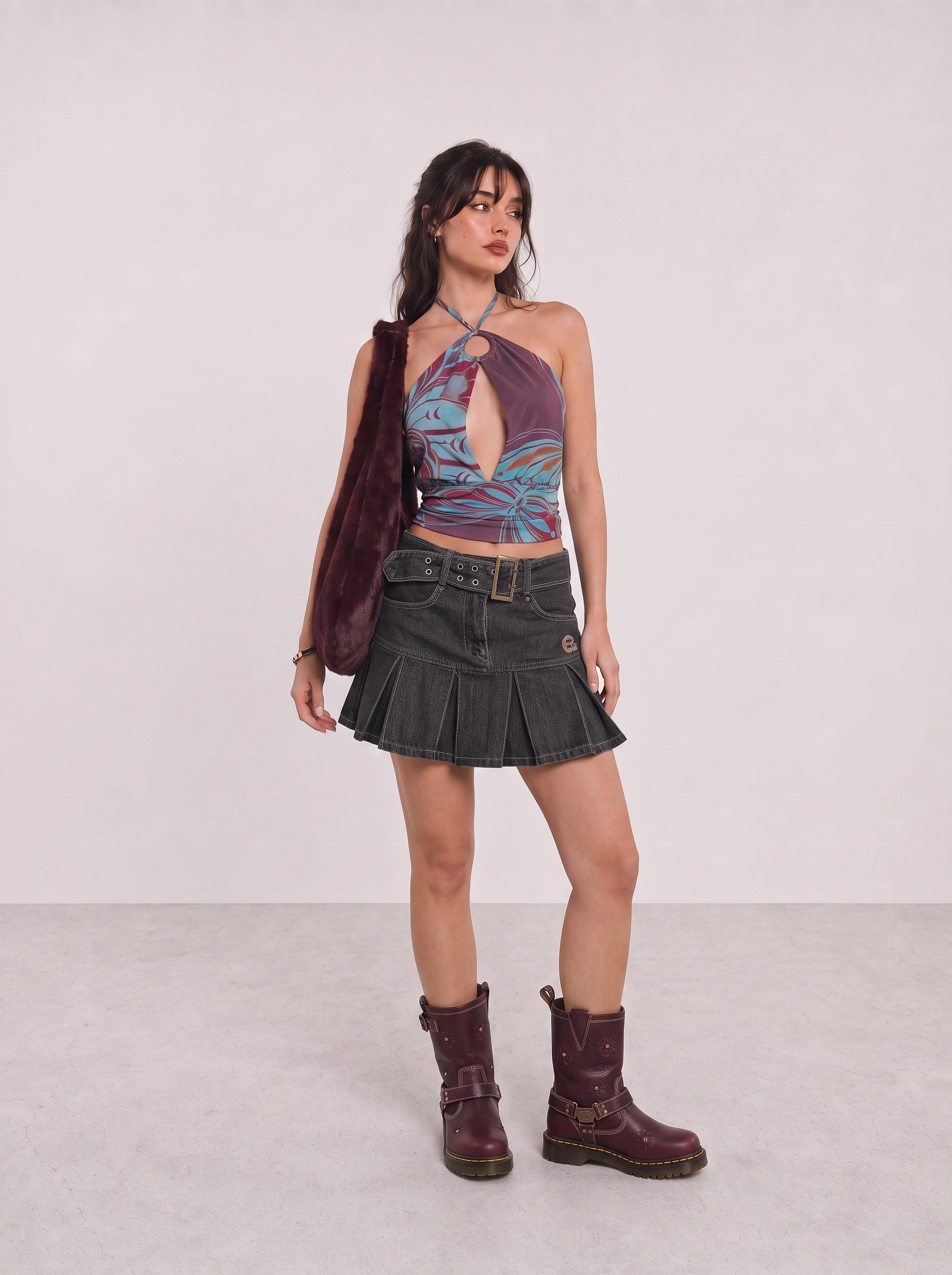 Burgundy Printed Halter Top and Black Pleated Mini Skirt Y2K Outfit