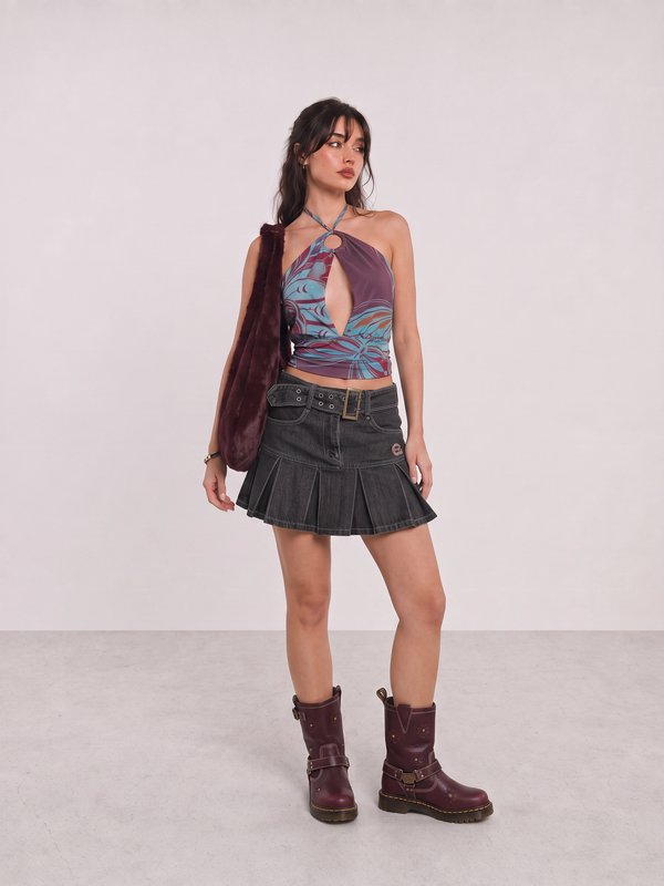 Burgundy Printed Halter Top and Black Pleated Mini Skirt Y2K Outfit