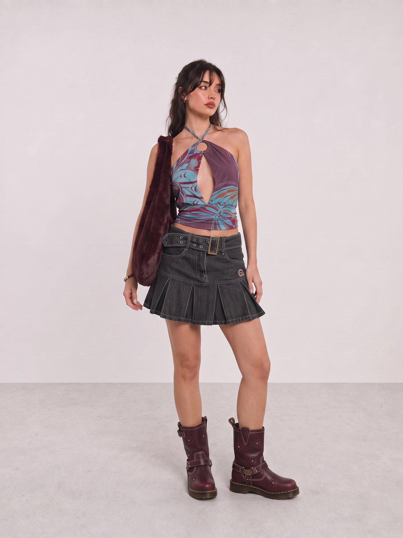 Burgundy Printed Halter Top and Black Pleated Mini Skirt Y2K Outfit