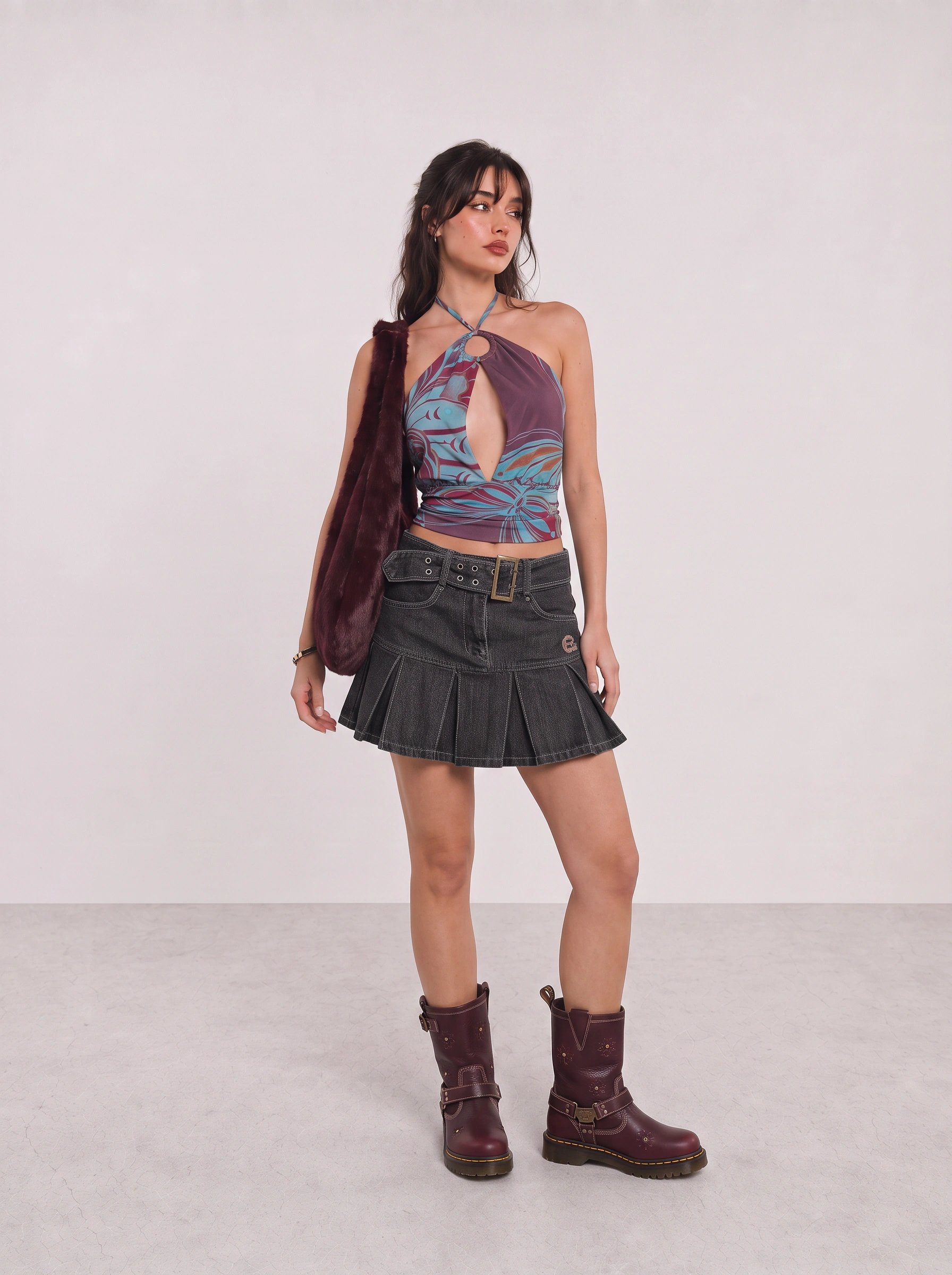 Burgundy Printed Halter Top and Black Pleated Mini Skirt Y2K Outfit