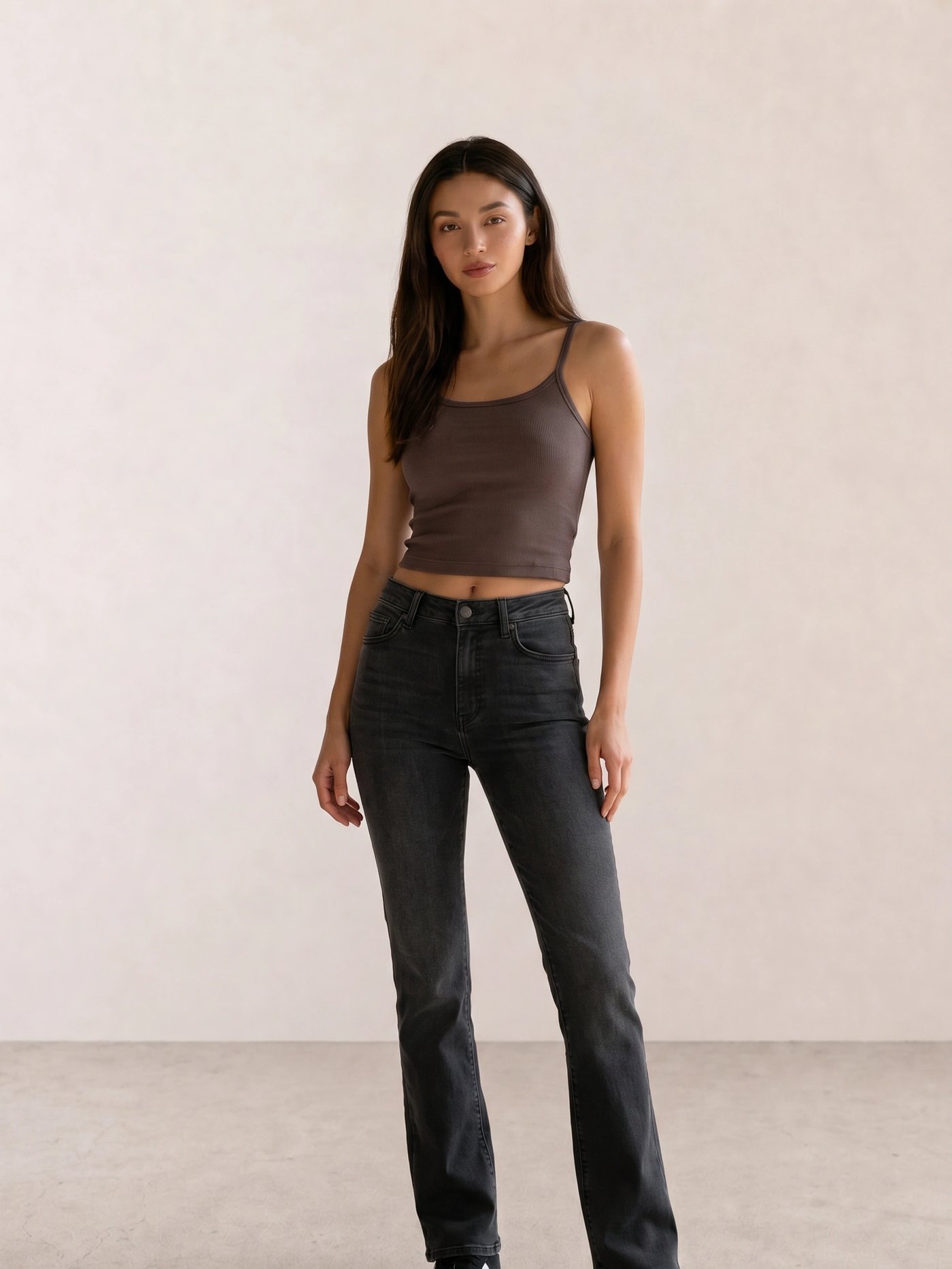 Taupe Ribbed Tank & Black Bootcut Jeans