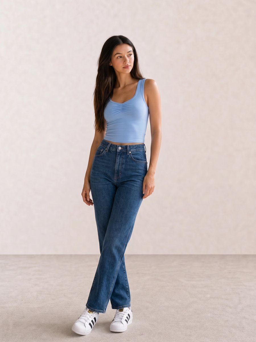Basic casual outfit with a light blue ruched tank, blue straight jeans, and white Adidas Superstar sneakers