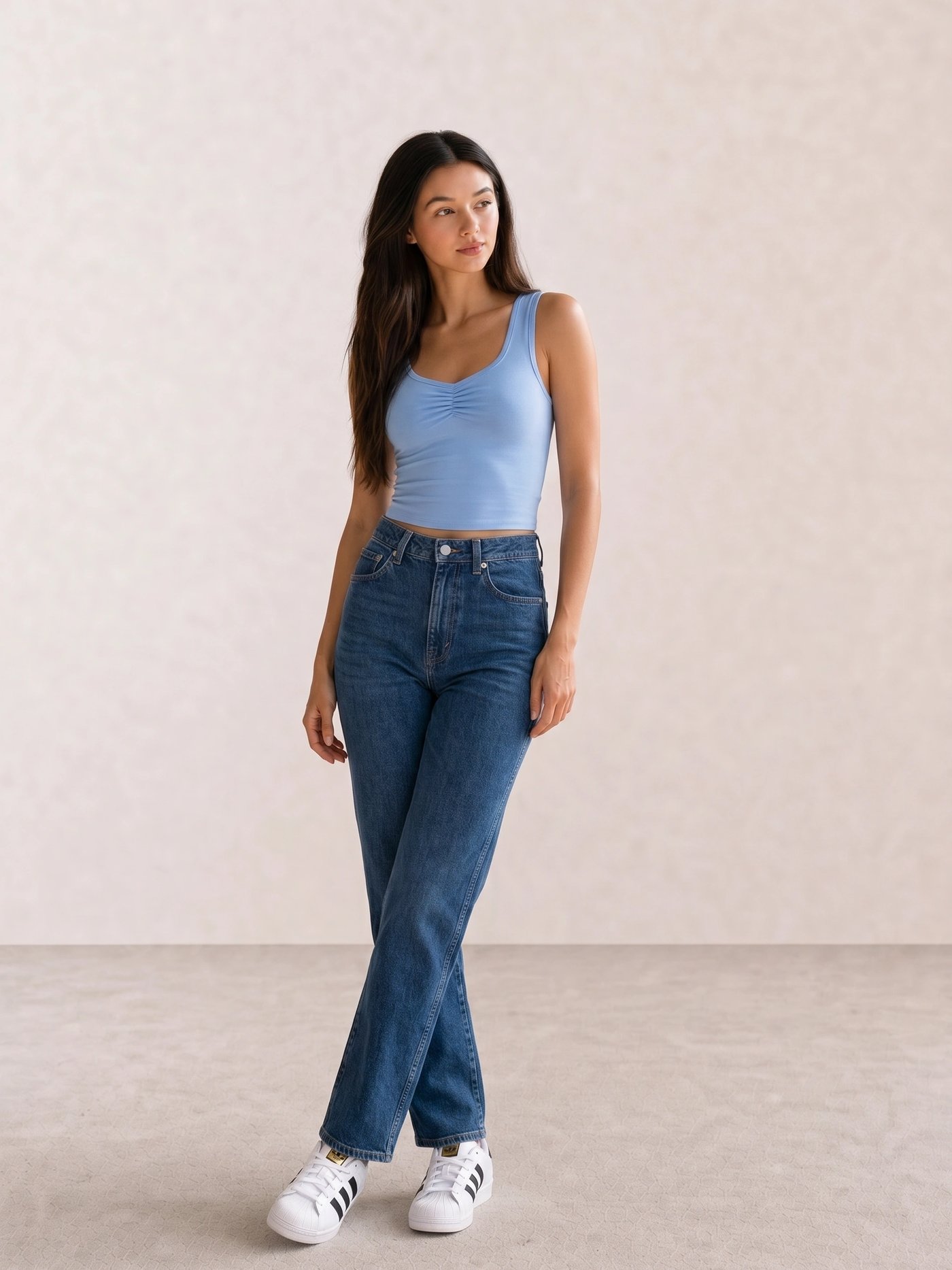Light Blue Ruched Tank & Blue Straight Jeans