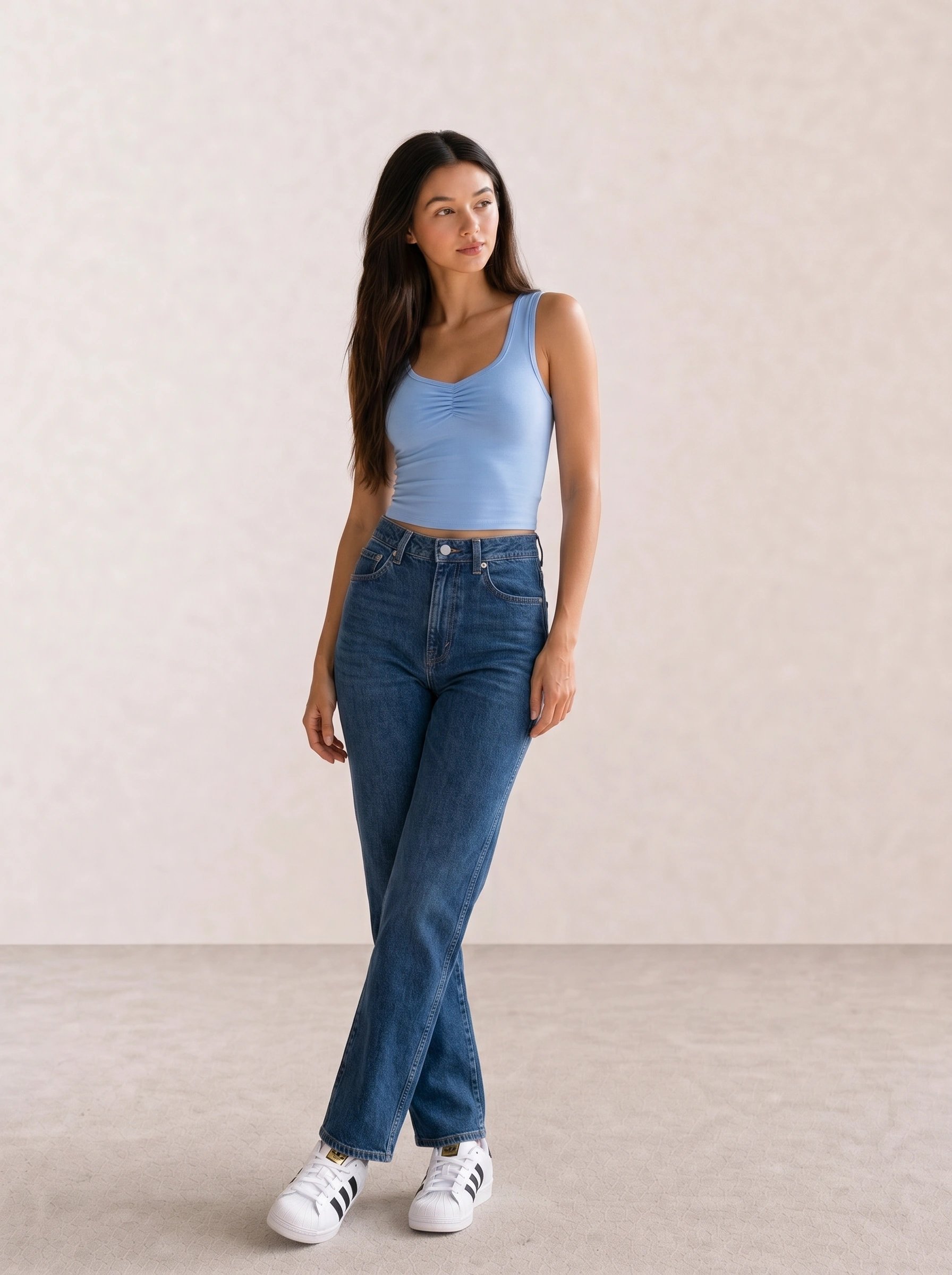 Light Blue Ruched Tank & Blue Straight Jeans