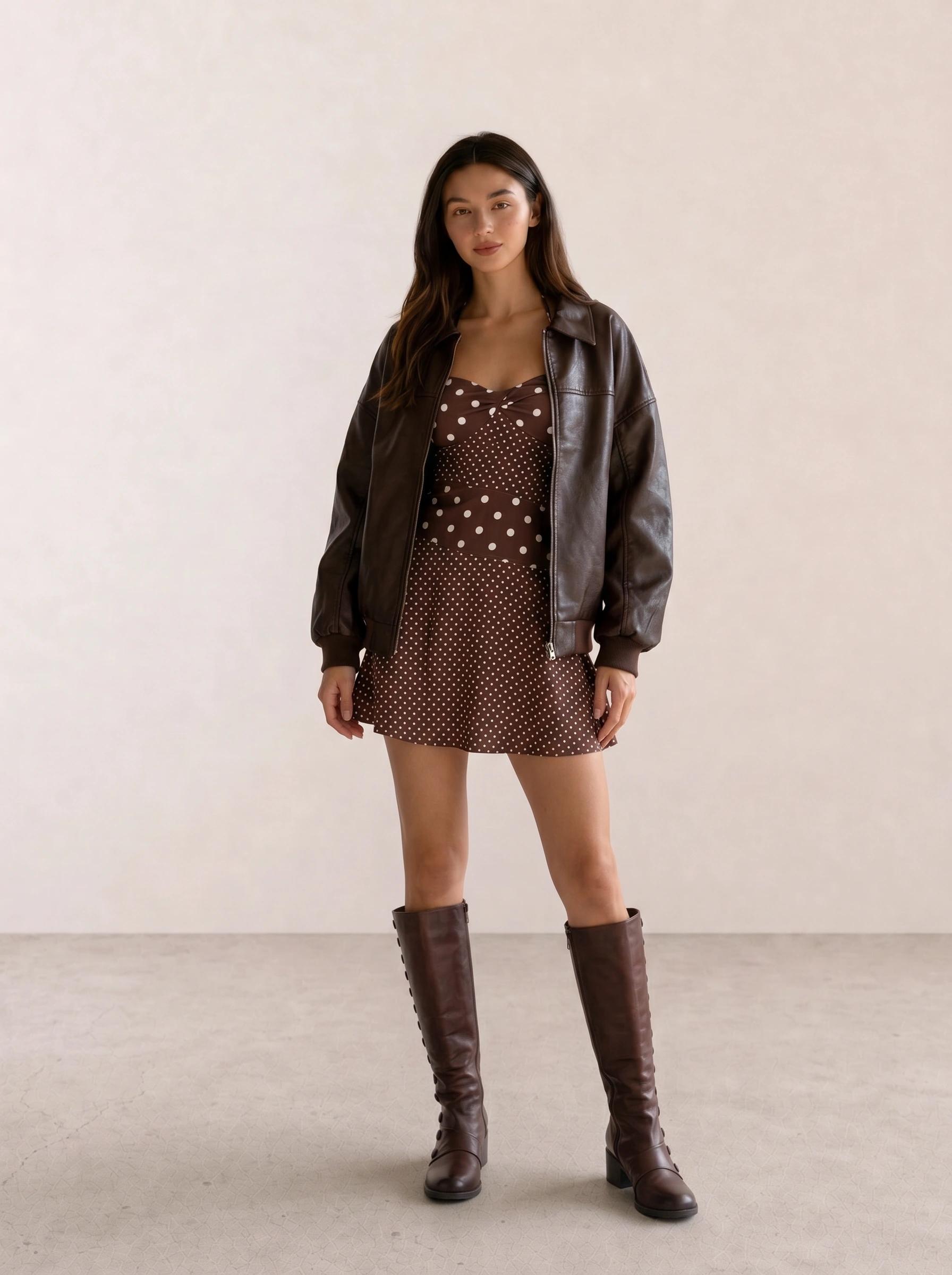 Polka Dot Mini Dress & Brown Leather Jacket