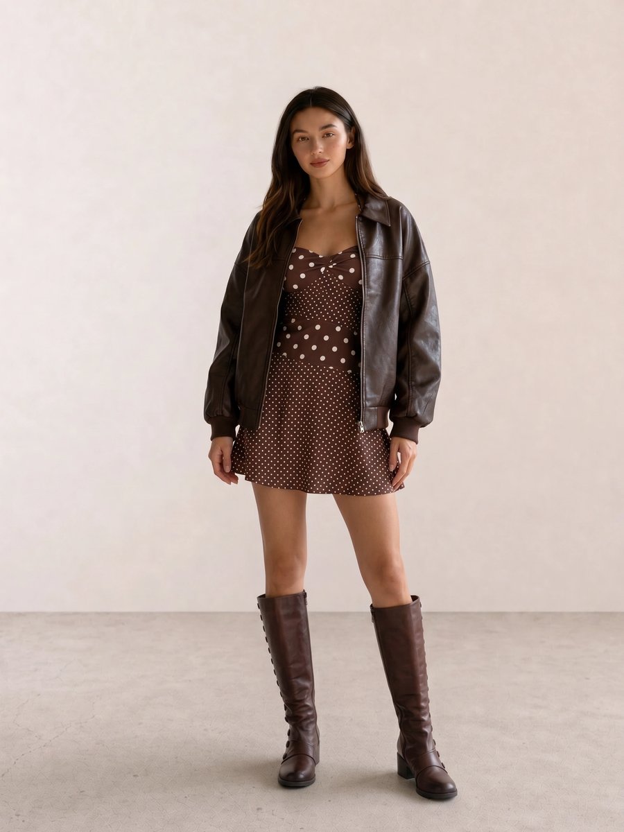 Autumn date-night outfit with a brown polka dot mini dress, brown leather jacket, and knee-high boots