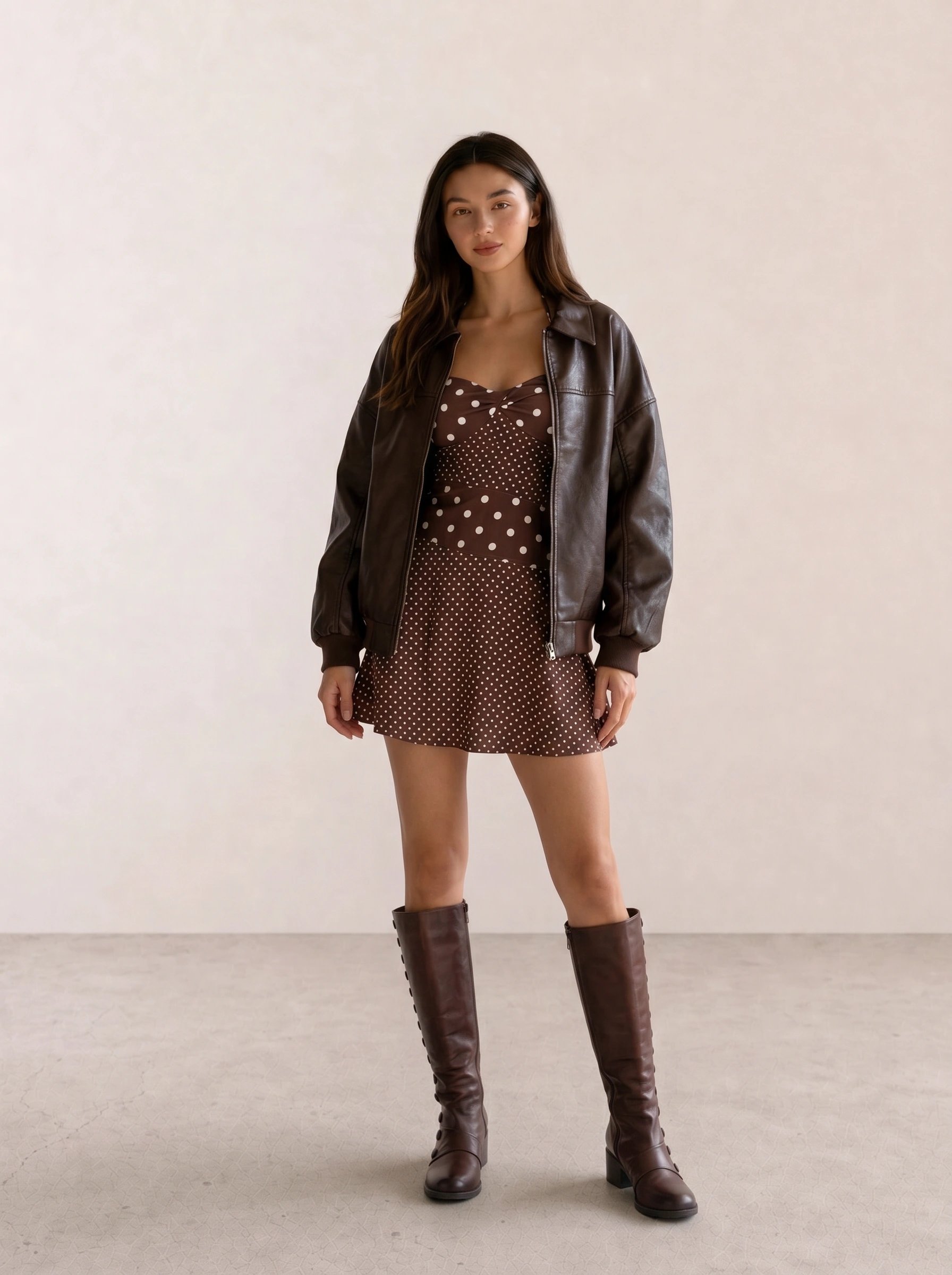 Autumn date-night outfit with a brown polka dot mini dress, brown leather jacket, and knee-high boots