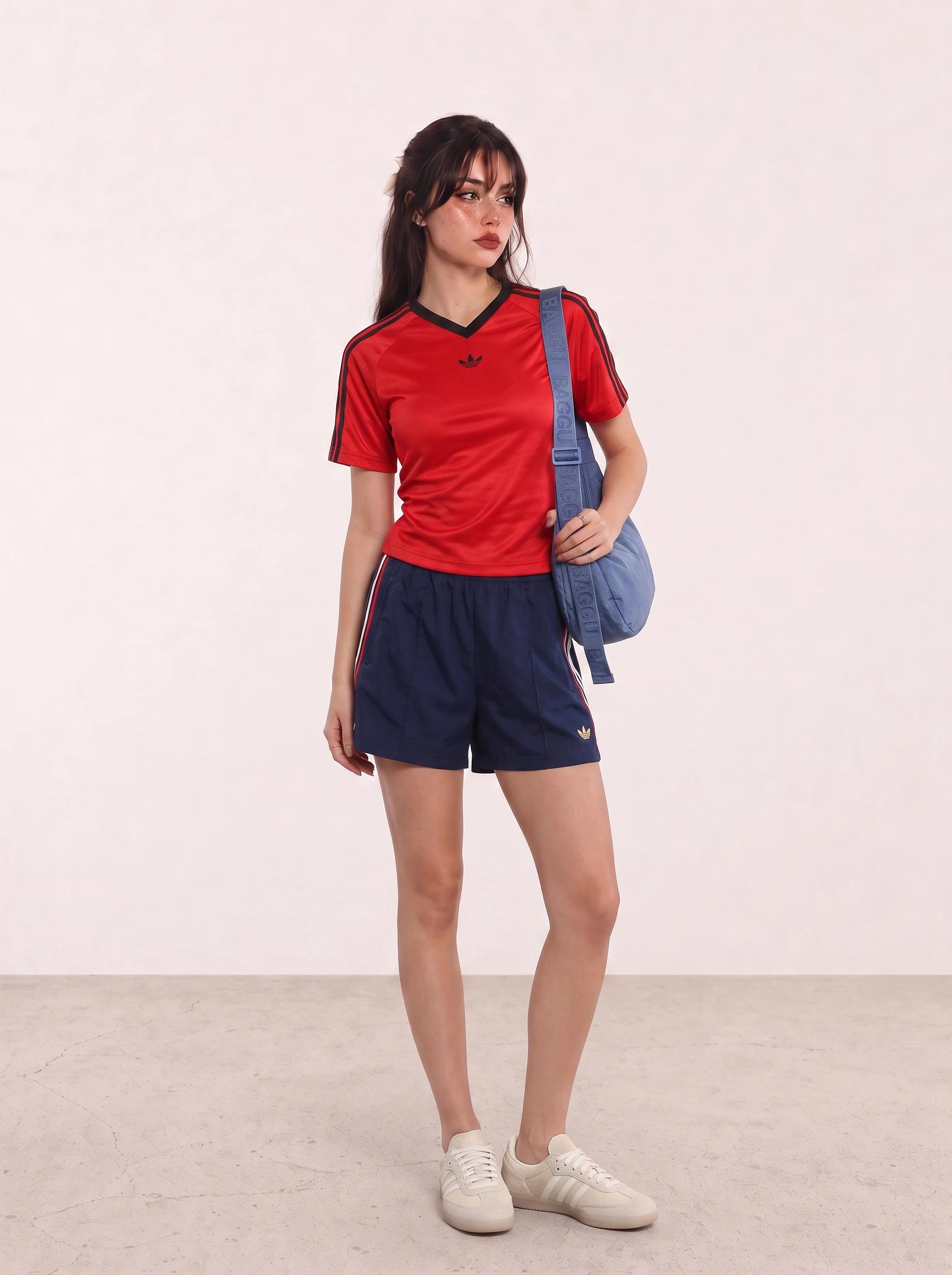 Red Football Jersey and Navy Shorts Sporty Outfit