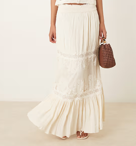 Cream Lace Panel Maxi Skirt