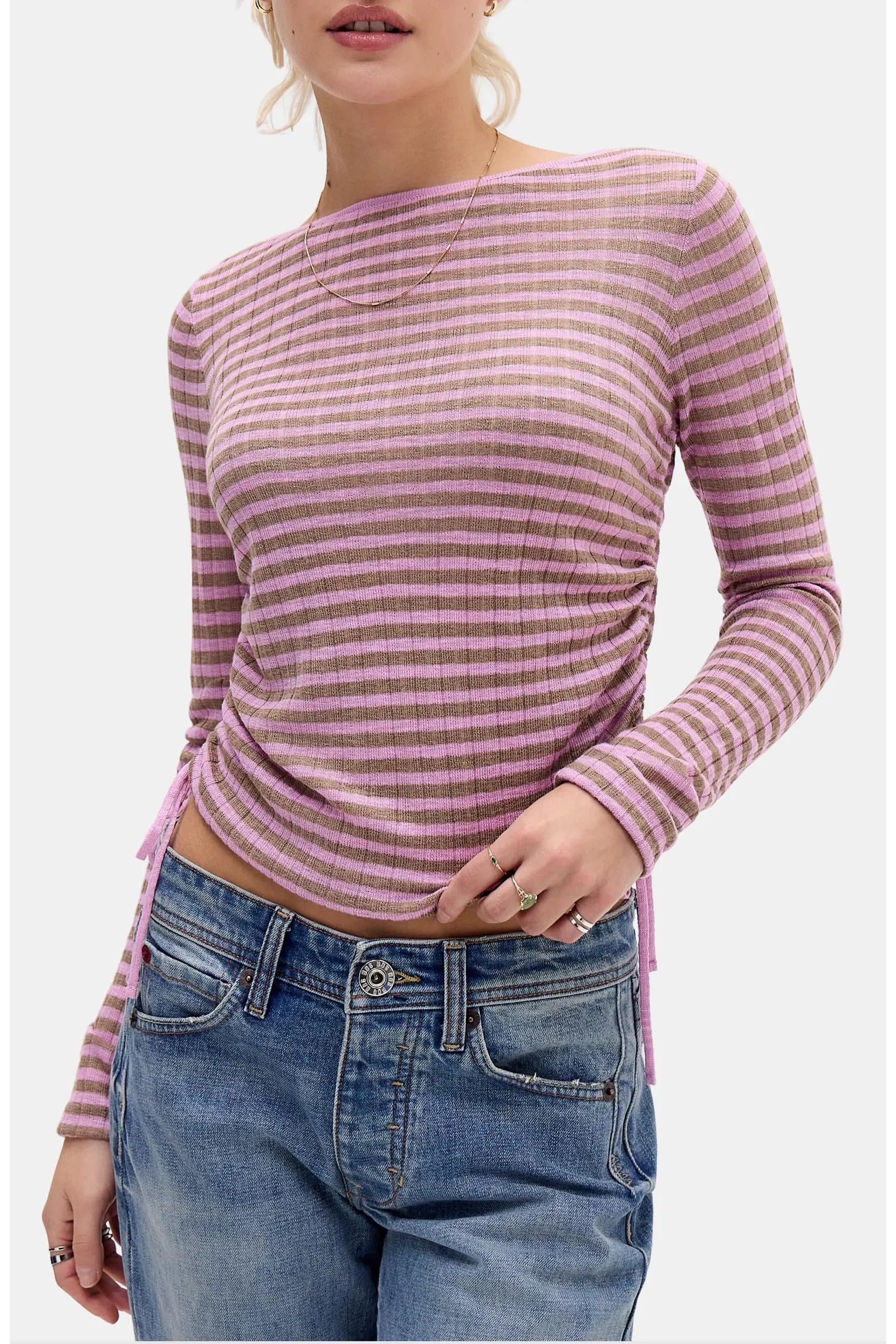 Mauve Striped Ruched Top