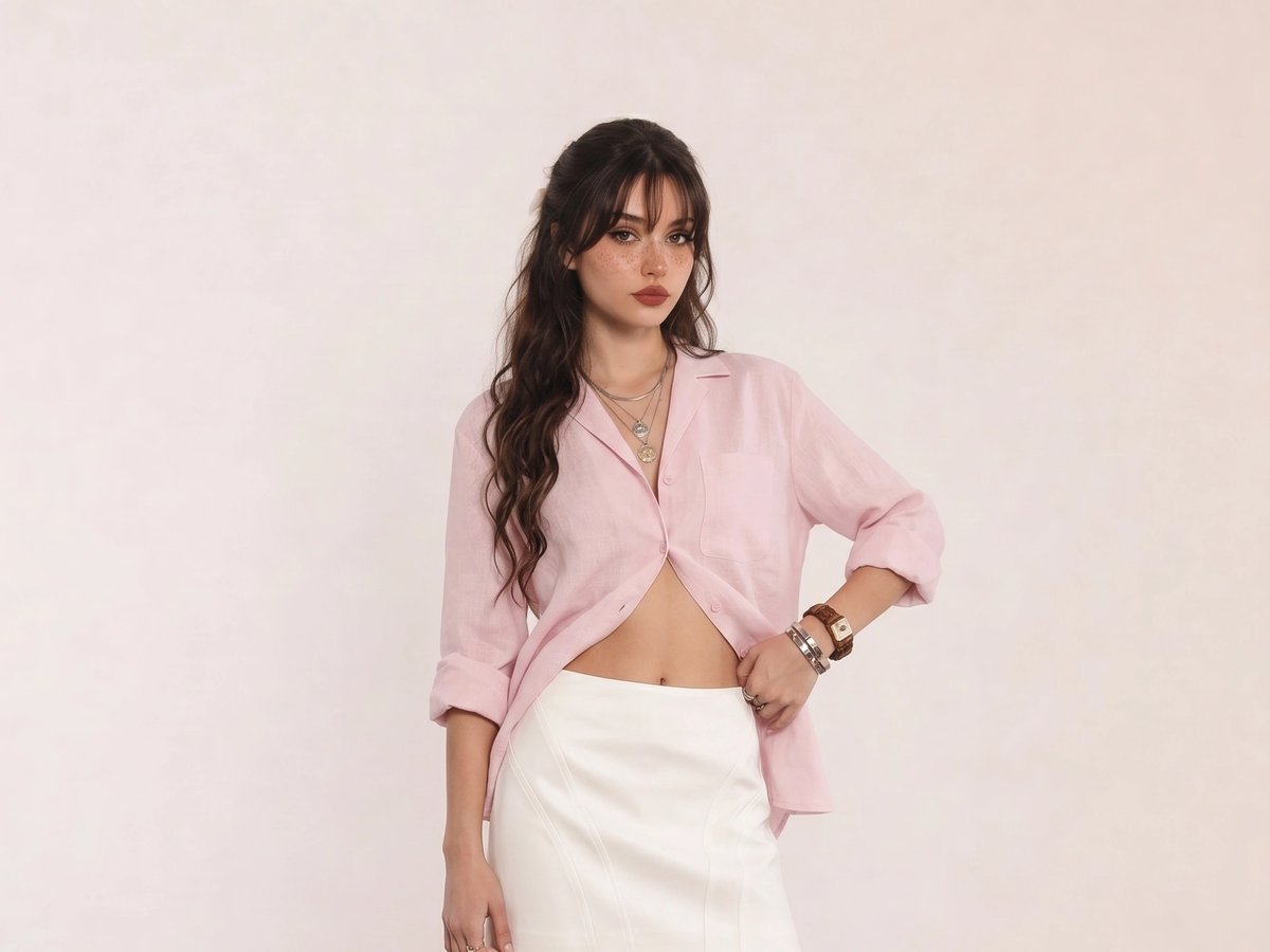 Pink Linen Shirt & White Mini Skirt