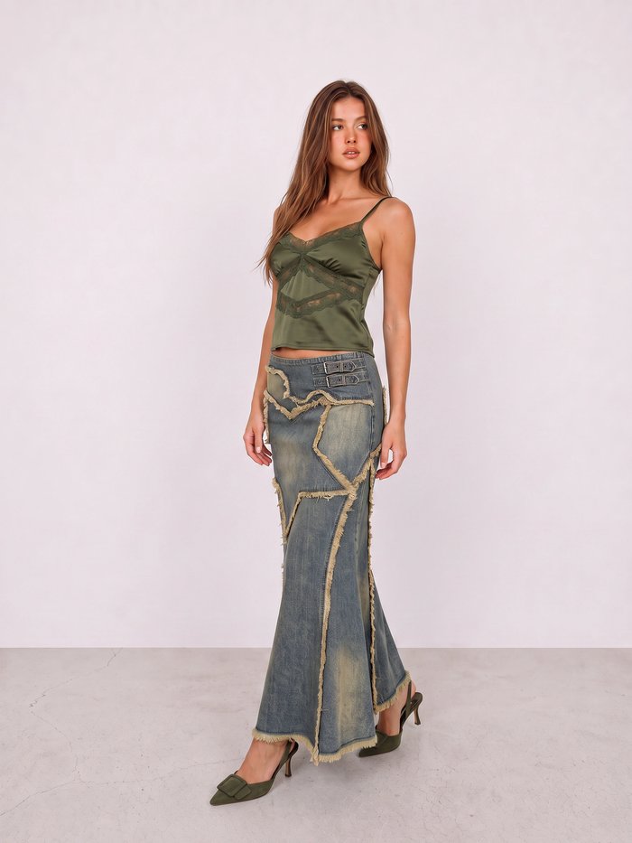 Olive Lace Camisole and Frayed Denim Maxi Skirt Y2K Outfit
