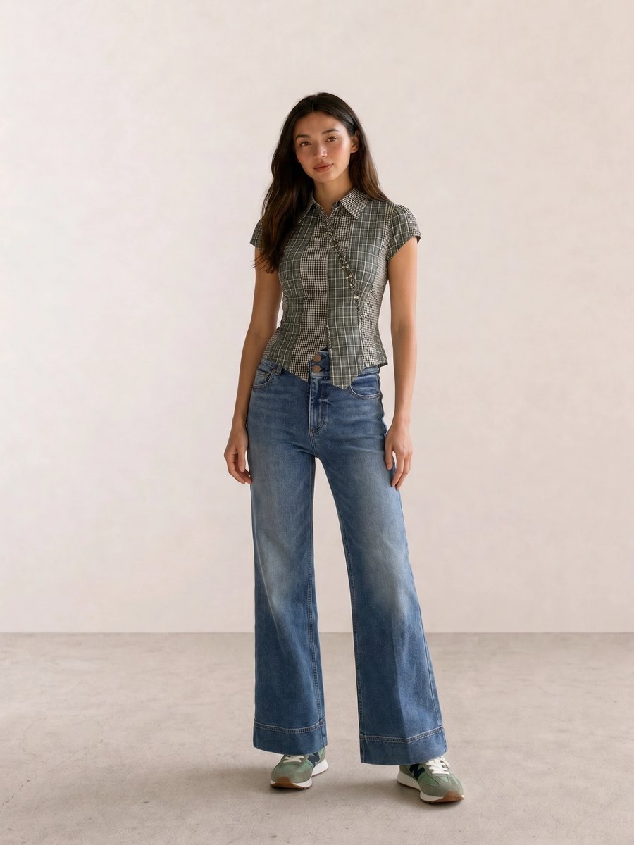 Retro vintage outfit with olive houndstooth top, wide-leg jeans, sage New Balance sneakers, and utility jacket