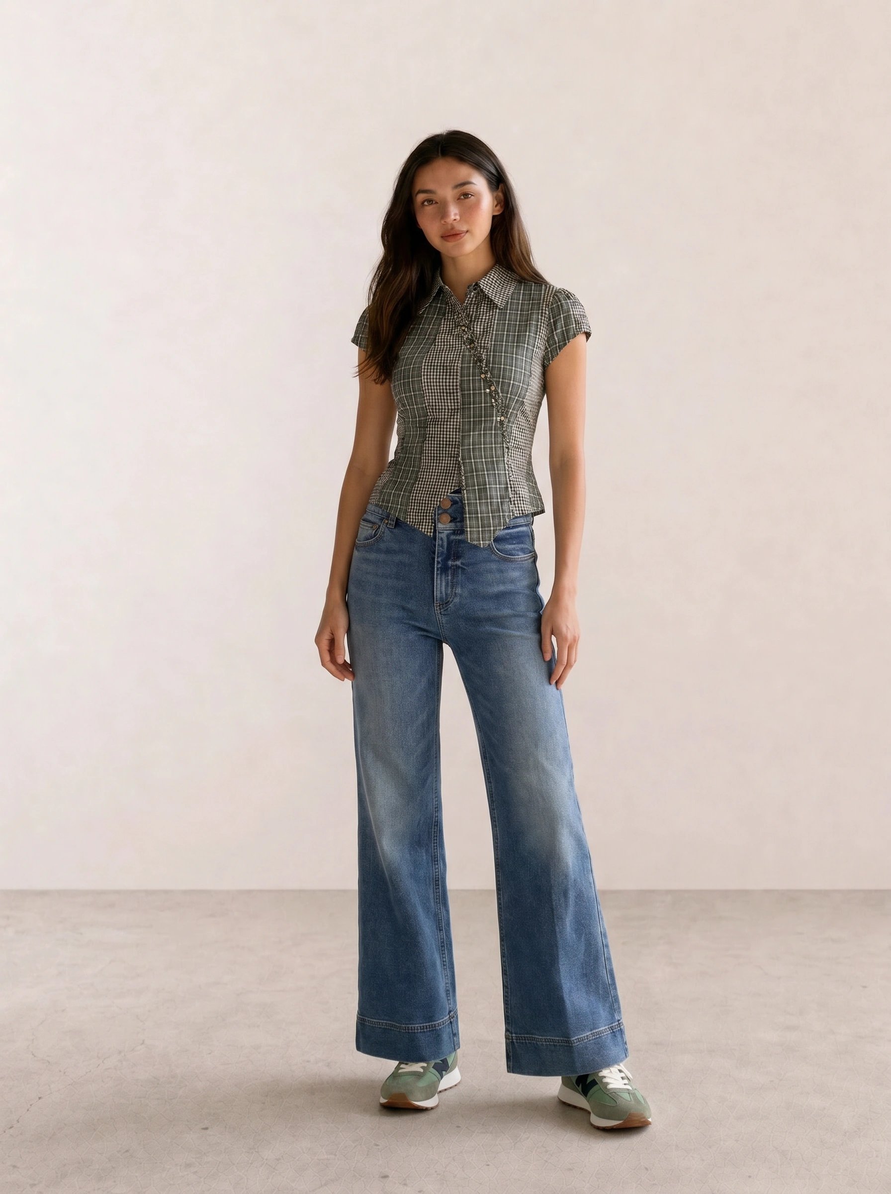 Olive Houndstooth Top & Vintage Wide-Leg Jeans