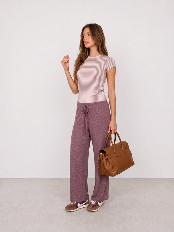Pink Stripe Tee and Mauve Lounge Pants Outfit