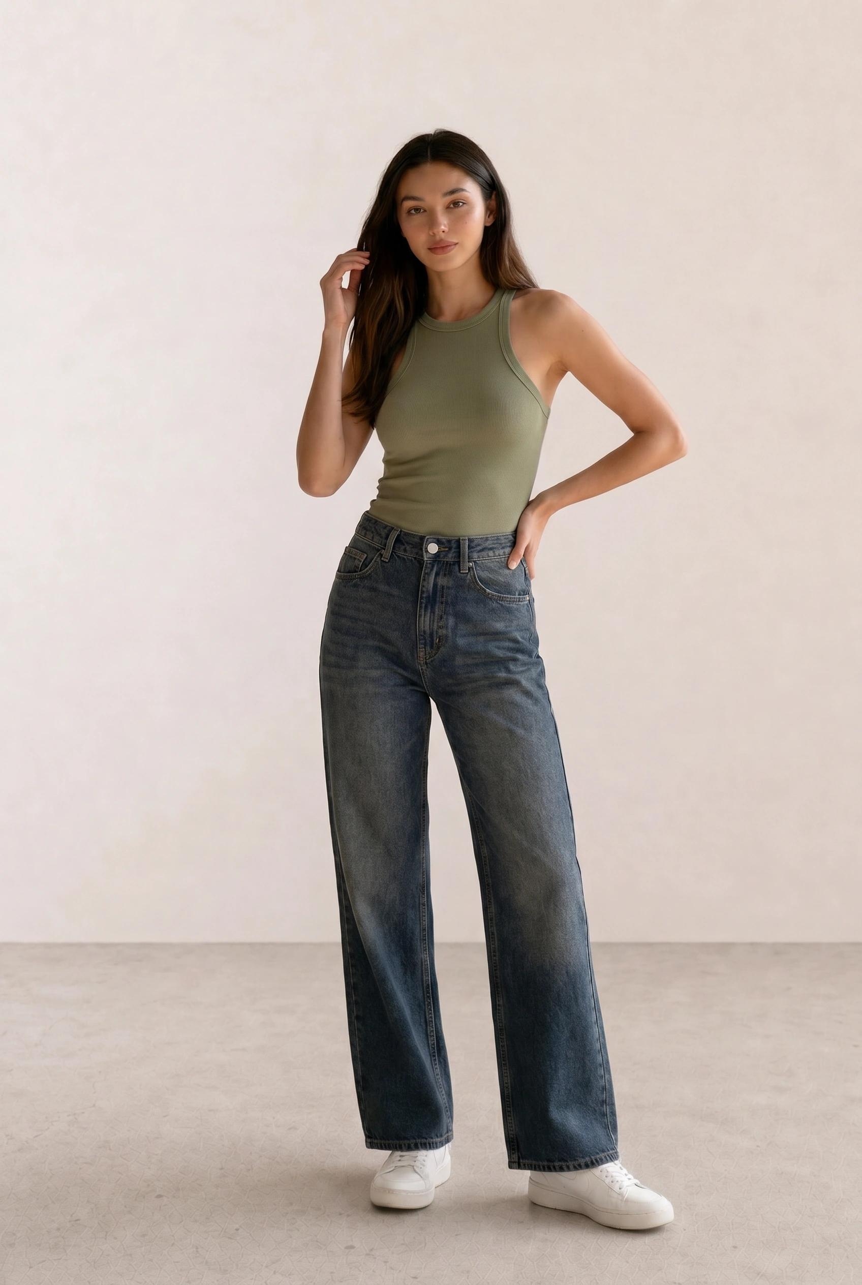Olive Racerback Tank & Vintage Wide-Leg Jeans