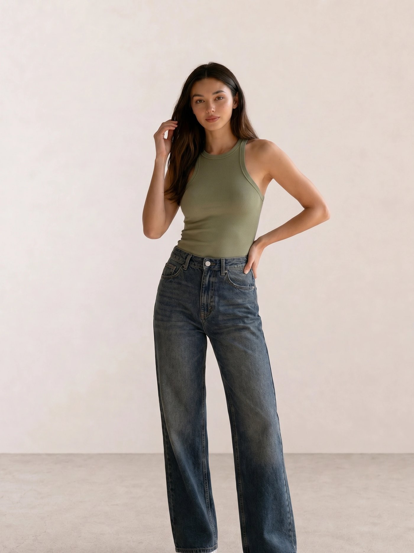 Olive Racerback Tank & Vintage Wide-Leg Jeans