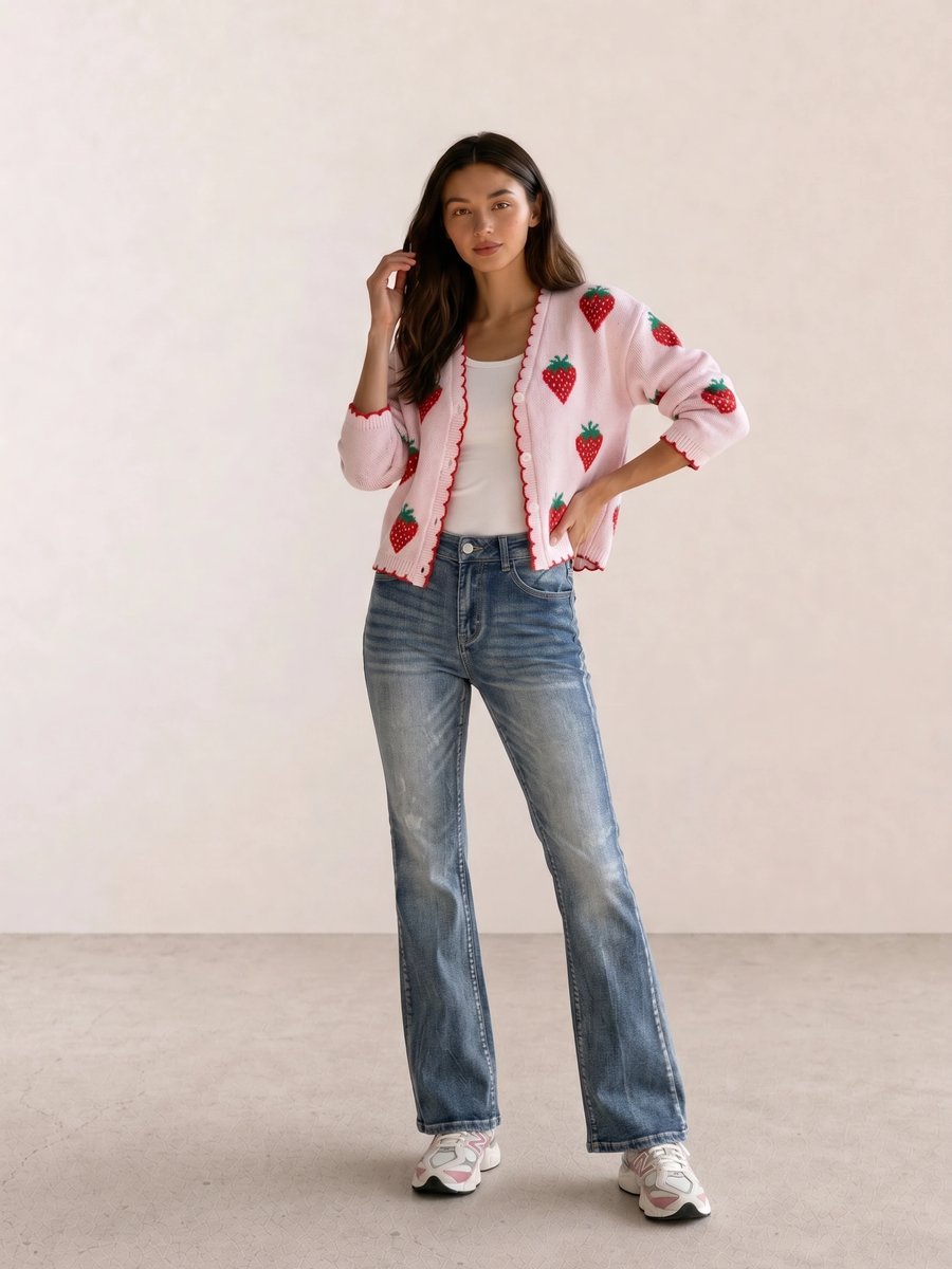 Pink strawberry print cardigan with light wash flared jeans and white chunky sneakers