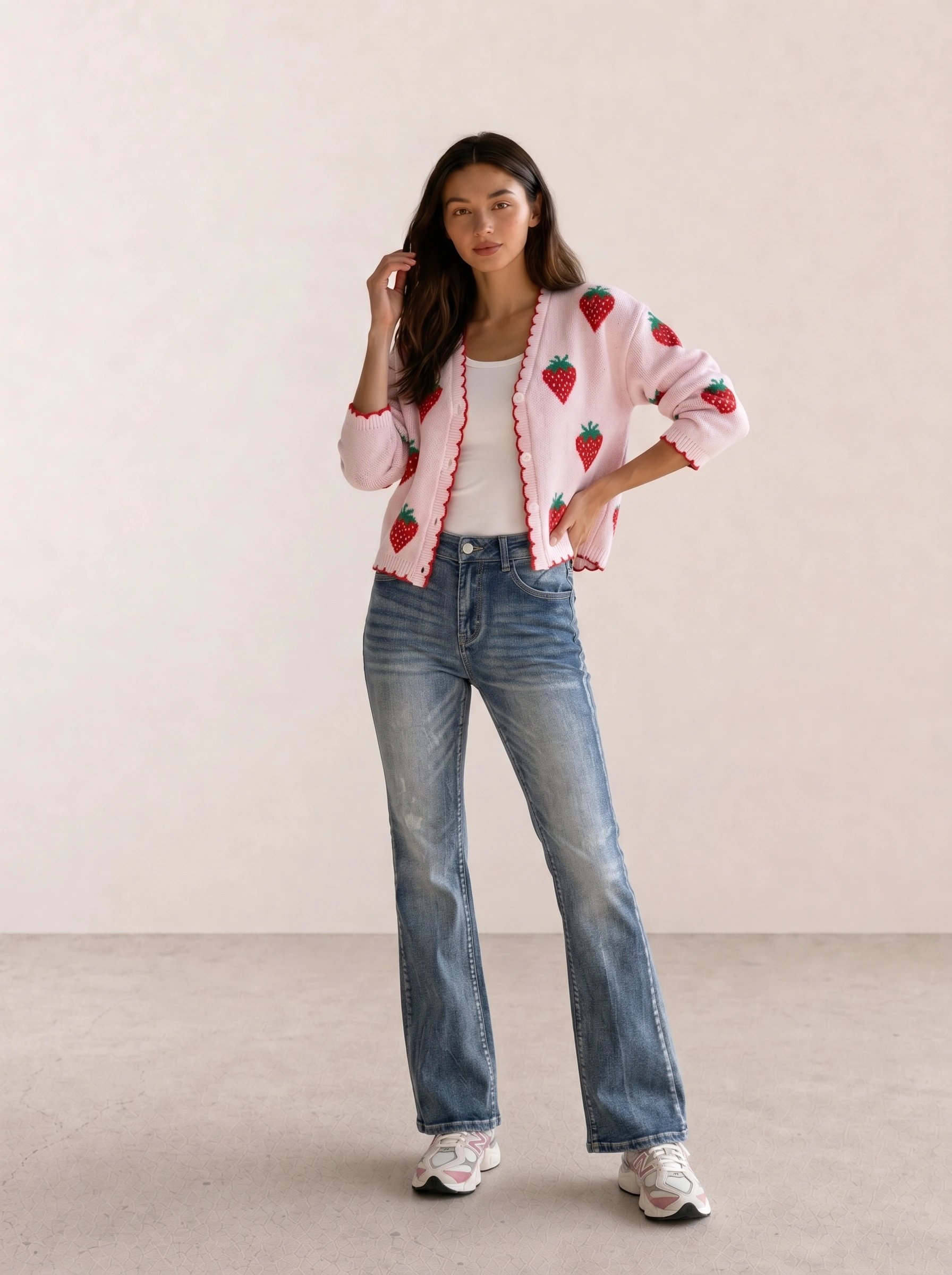 Strawberry Print Cardigan & Flared Jeans