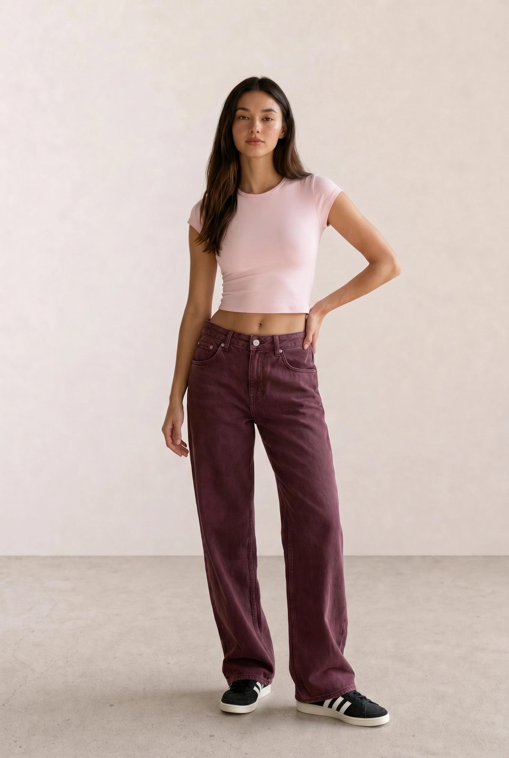 Pink Crop Tee & Burgundy Wide-Leg Jeans