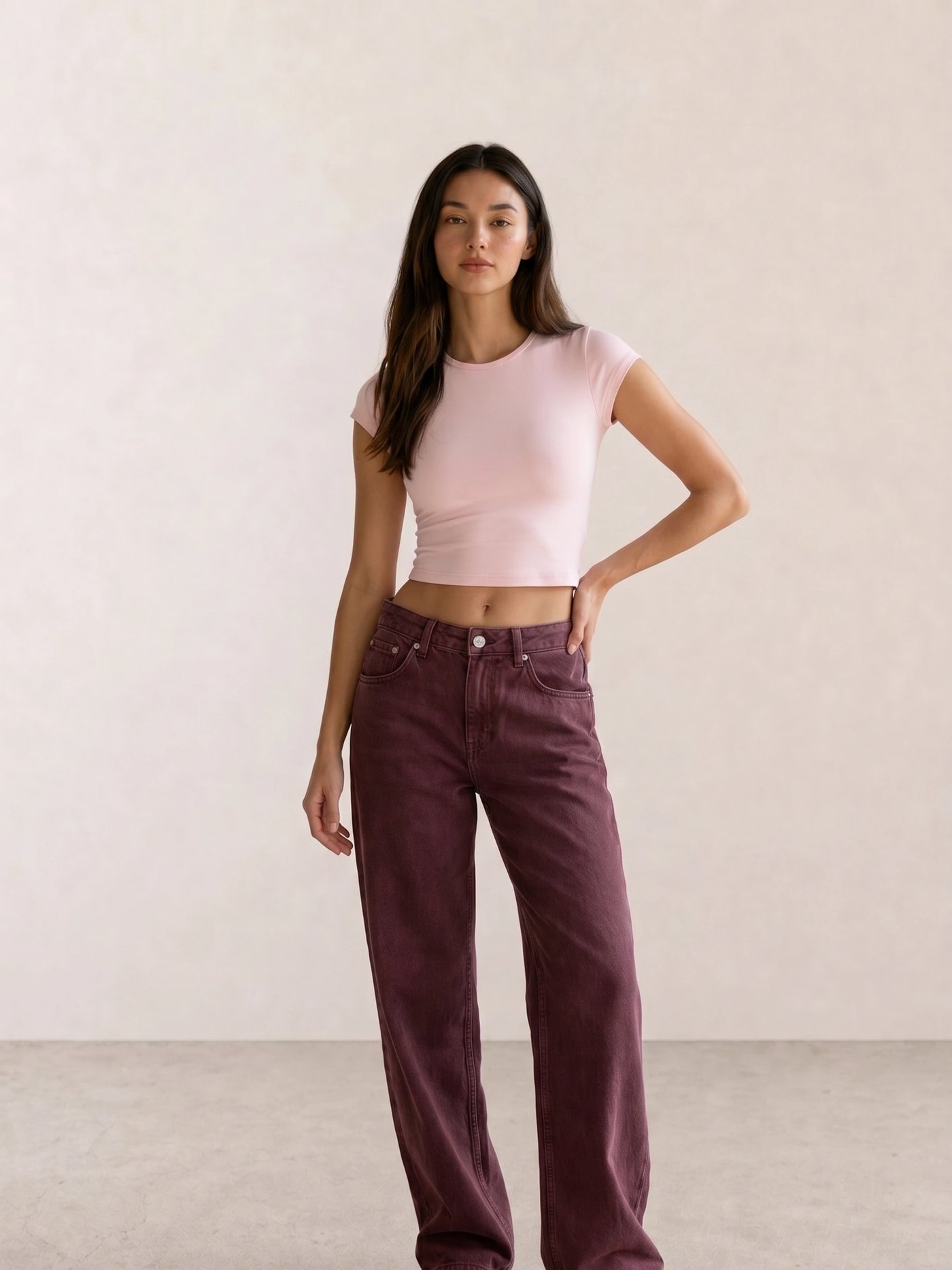 Pink Crop Tee & Burgundy Wide-Leg Jeans