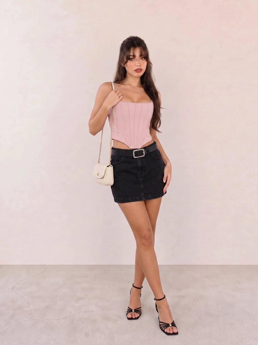 Party night out outfit featuring blush pink corset top and black belted denim mini skirt